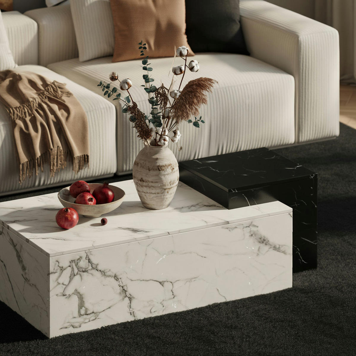 COUCHTISCH Weiß Schwarz Marmor-Optik Modern 120x60x40 cm Zwei Ebenen - Weiß, Holzwerkstoff (60/120/40cm) - KADIMA DESIGN