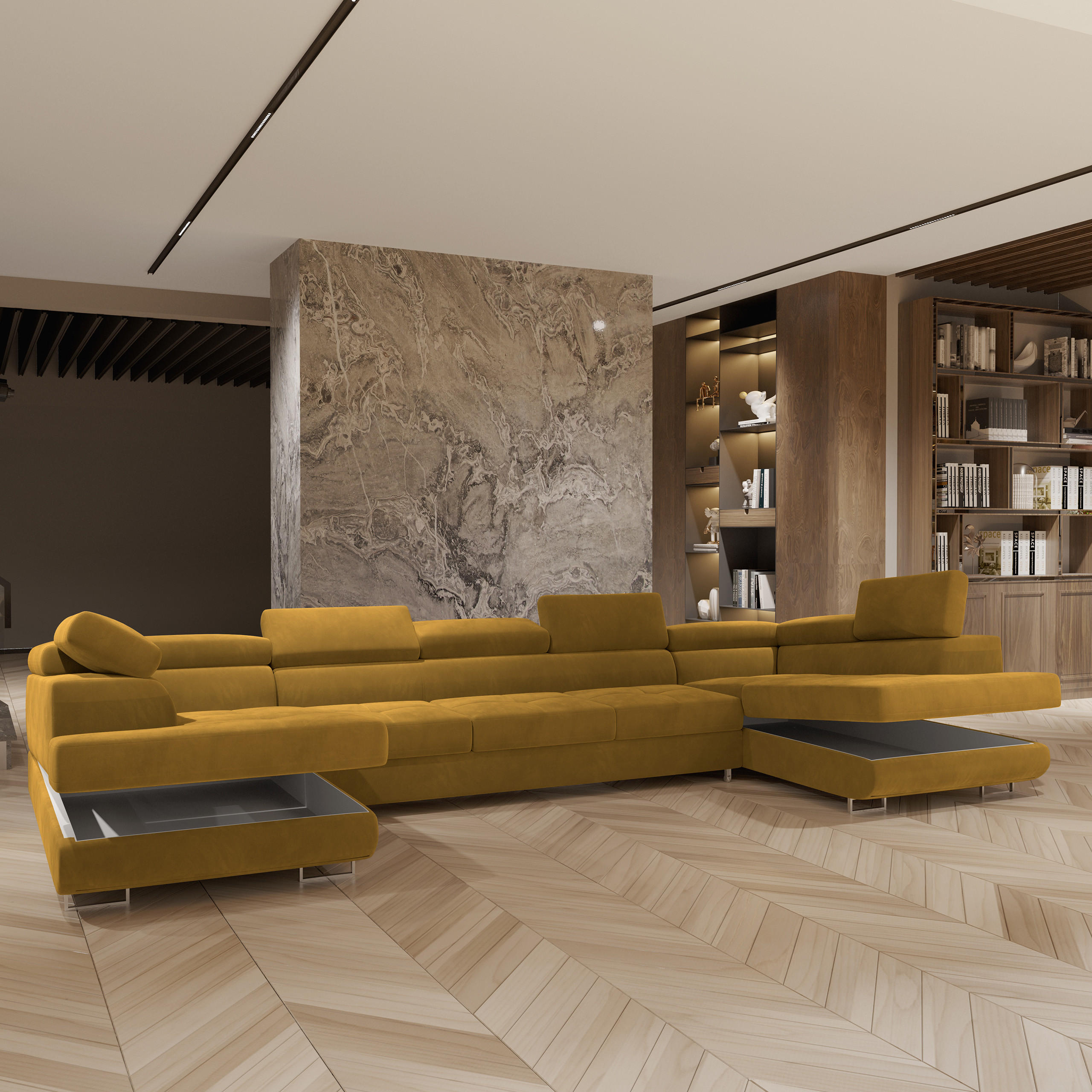 WOHNLANDSCHAFT ISOLANO Gelb Velours-Stoff mit Schlaffunktion - Gelb, Holz (408/90/202cm) - MASSENO