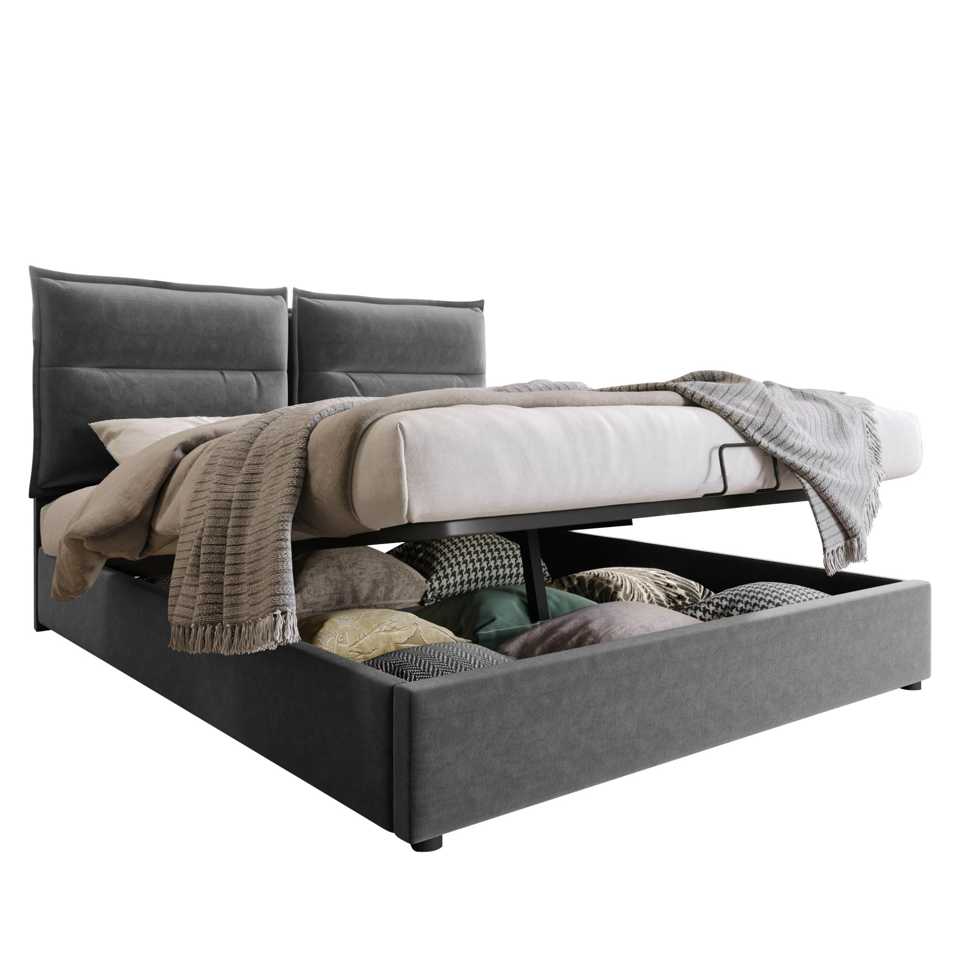 POLSTERBETT 140/200 cm Grau aus Samt mit Stauraum und verstellbarem Kopfteil - Grau, Textil (140/200cm) - Flora Grace