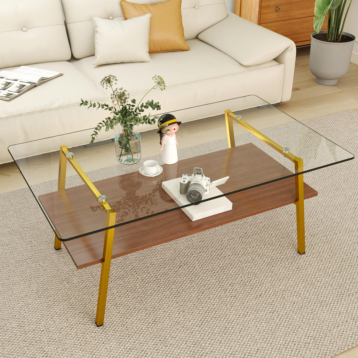 COUCHTISCH Gold/Braun aus gehärtetem Glas und MDF 98/58/42,5 cm - Altrosa, Holzwerkstoff (58/98/42.5cm) - PANGIVO