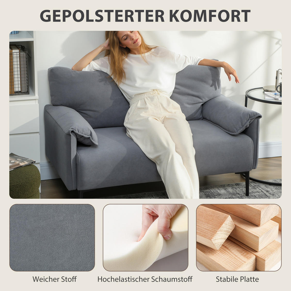 SOFA 2-Sitzer 127 cm Kleine Gepolstert Couch mit Armlehne, Samtoptik, Grau - Schwarz/Grau, Textil/Metall (72/84/127cm) - HOMCOM