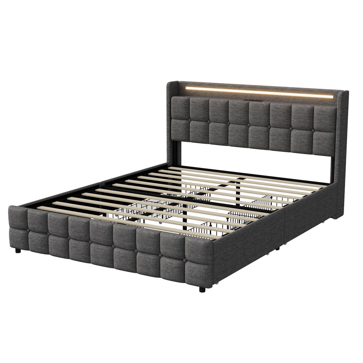 POLSTERBETT 160x200 cm LED Kopfteil 4 Schubladen USB grau - Grau, Holz (160/200cm) - LEBENLANG