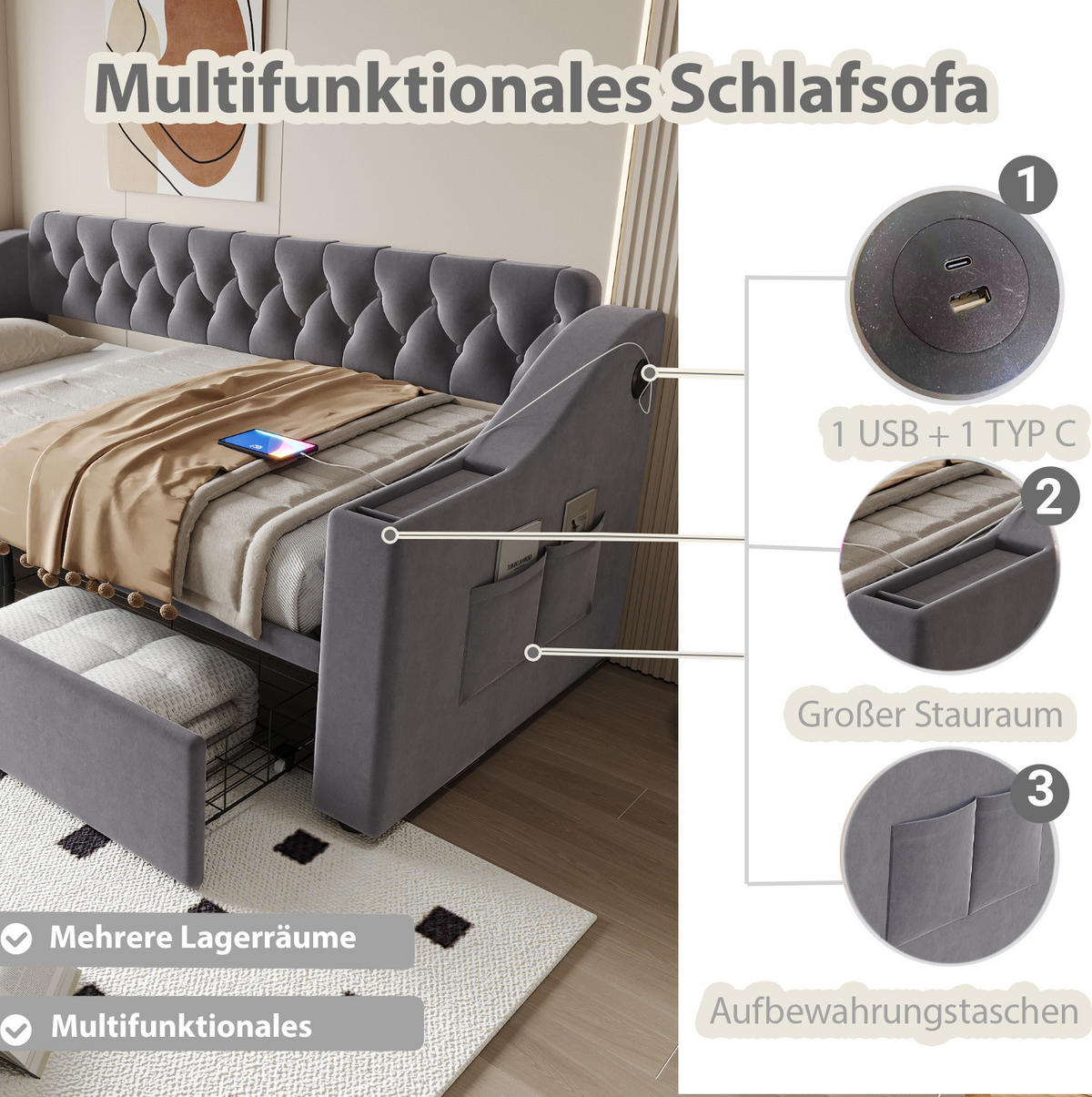 POLSTERBETT 90/190 cm Dunkelgrau mit USB- und Type-C-Anschlüssen und Stauraum - Grau, Textil (90/190cm) - Flora Grace