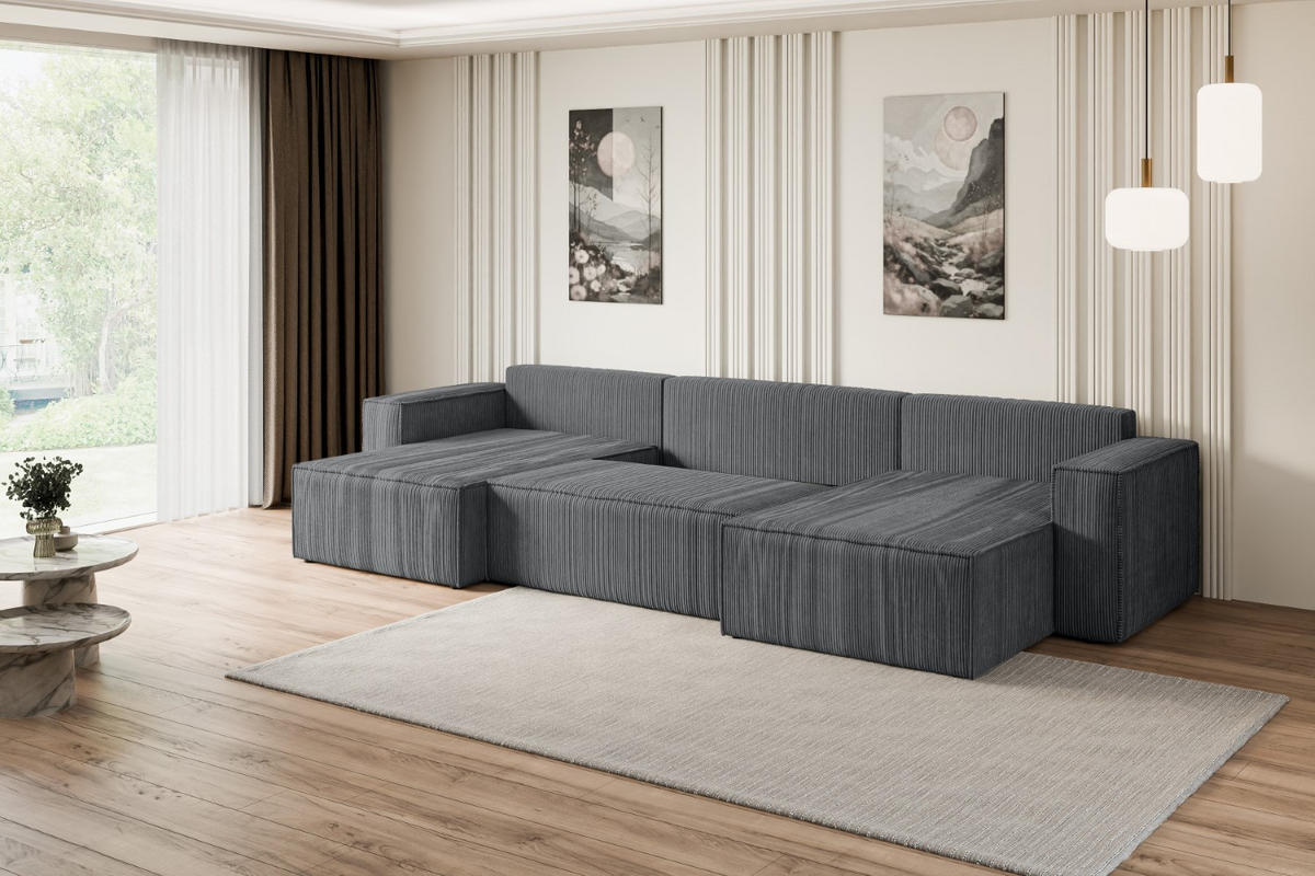 WOHNLANDSCHAFT mit Schlaffunktion und Bettkasten CELTIC-XLU - 377x143x83 cm Dunkelgrau Cord - Dunkelgrau/Schwarz, Holzwerkstoff/Kunststoff (377/83/143cm) - ALTDECOR