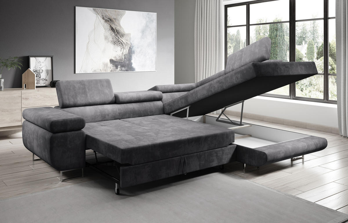 ECKSOFA L Form Kanya Hellgrau 275/202/90 cm – Sofa mit Bettfunktion & Stauraum R - Silberfarben/Grau, Textil/Metall (275/202cm) - AX Living