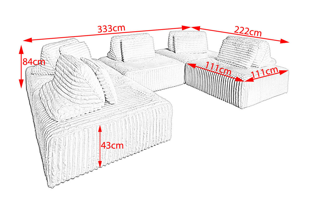 MODULSOFA WIOLO SOFT 5 MODULE 5 KISSEN Grau Cord - Schwarz/Grau, Kunststoff/Textil (333/84/222cm) - KAWOLA
