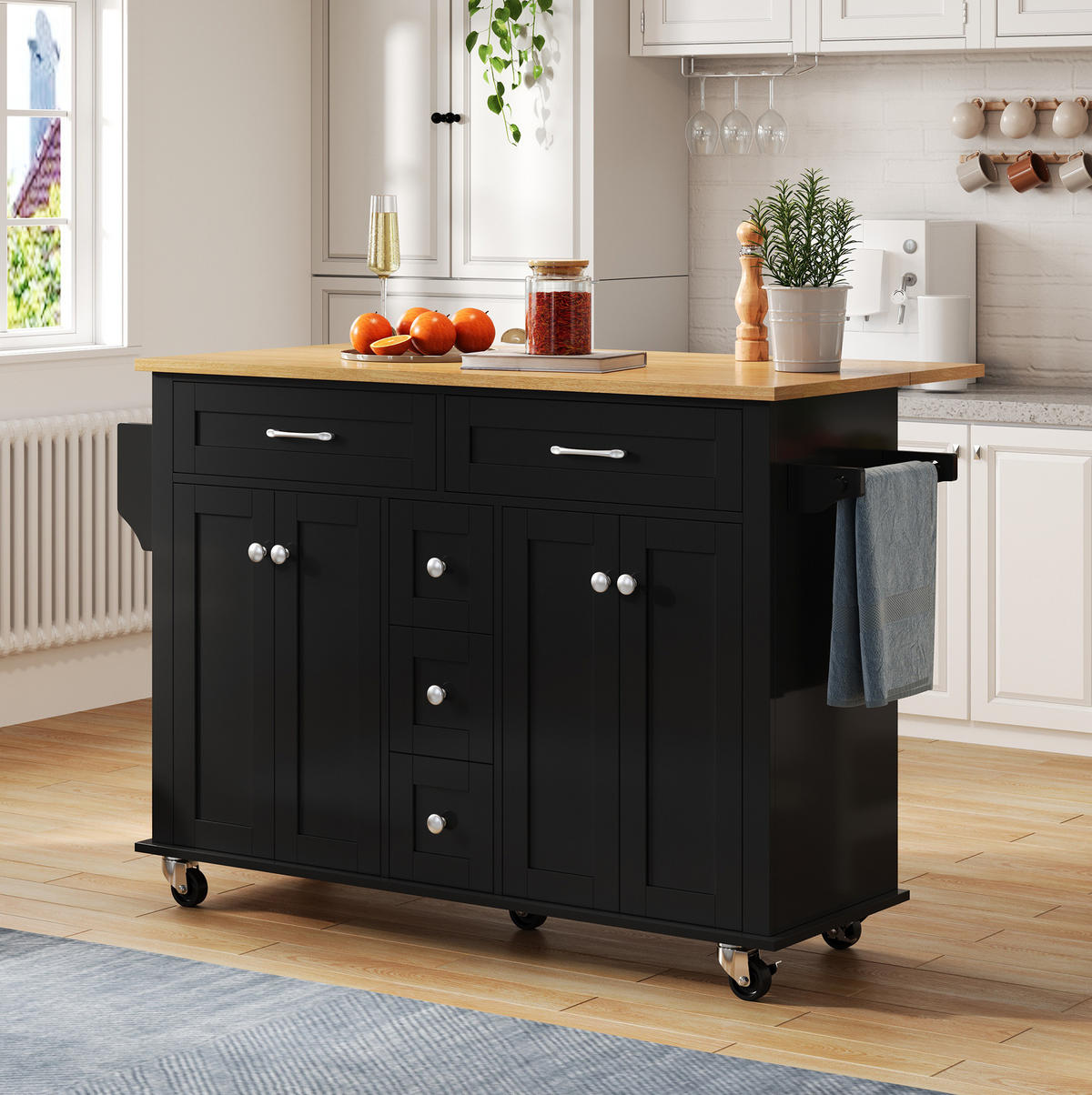 KÜCHENWAGEN 140/40/89 cm in Schwarz/Natur mit Klappplatte und 5 Schubladen - Schwarz, Holzwerkstoff (140/89/65cm) - Flora Grace