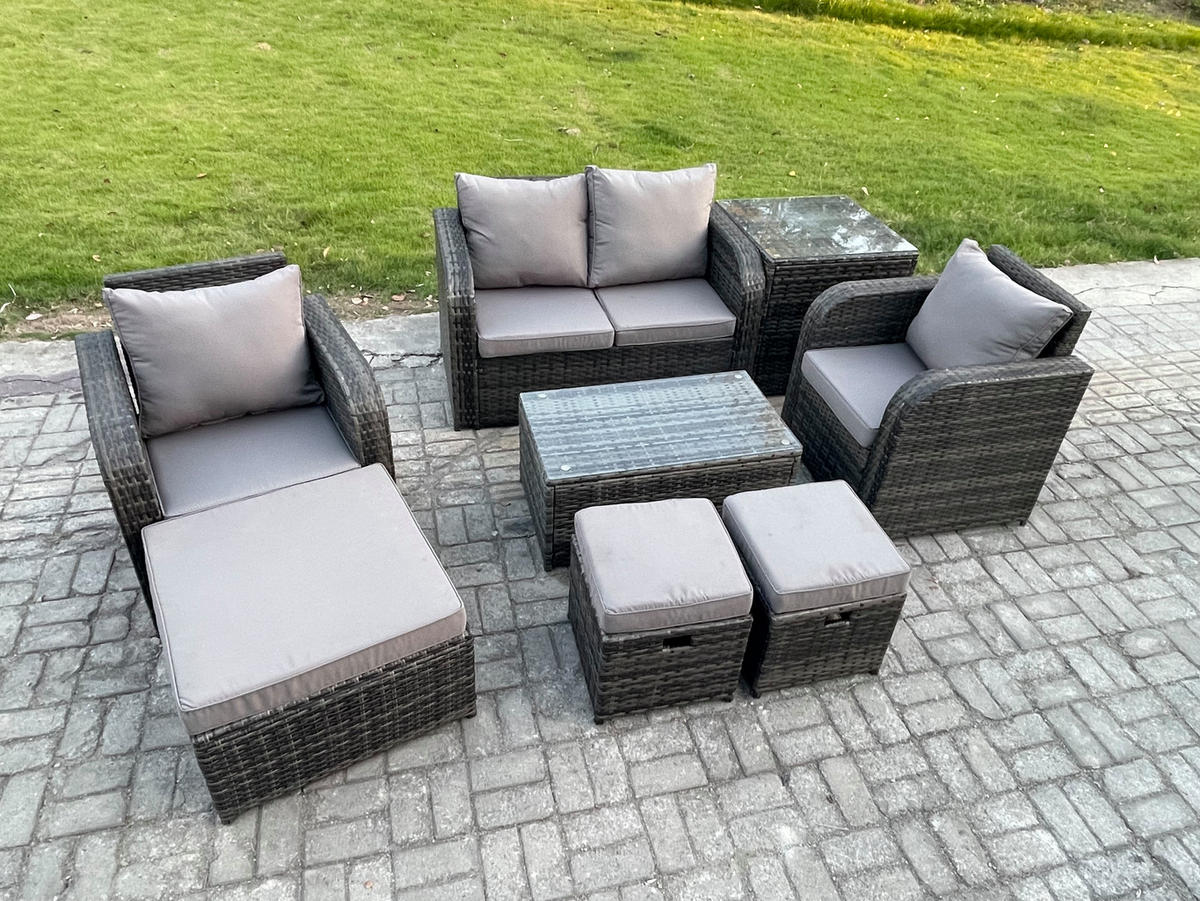 GARTENLOUNGE-SET Polyrattan Dunkelgrau 7-Sitzer - Dunkelgrau, Metall - Fimous
