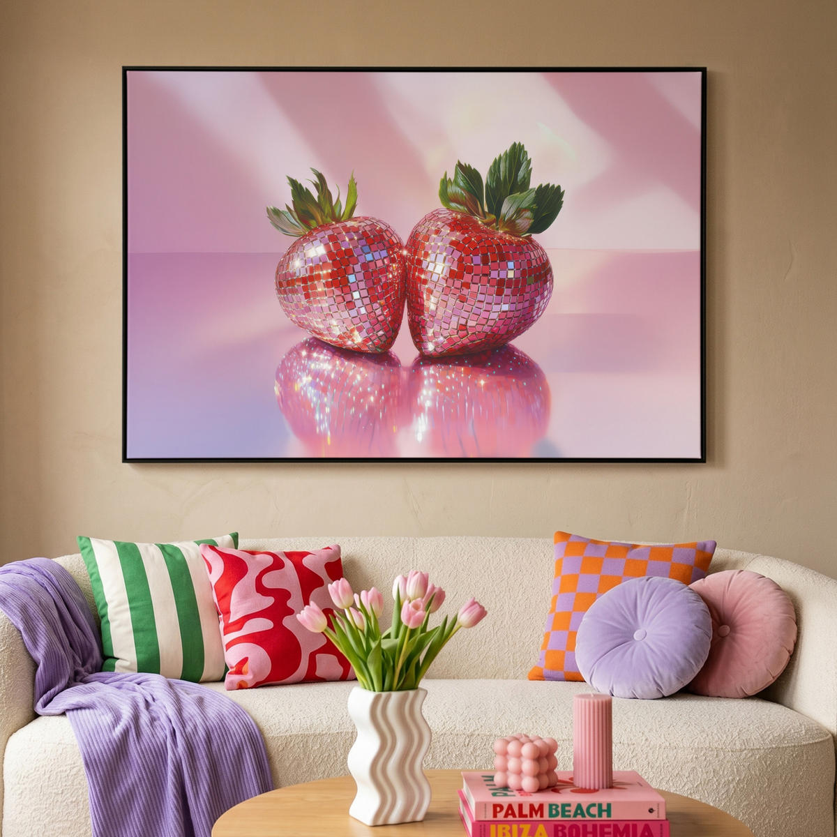LEINWAND Bilder mit Rahmen - Disco - Obst - Glitzer - Erdbeere - 140x90 - Pink, Textil (140/90cm) - MuchoWow