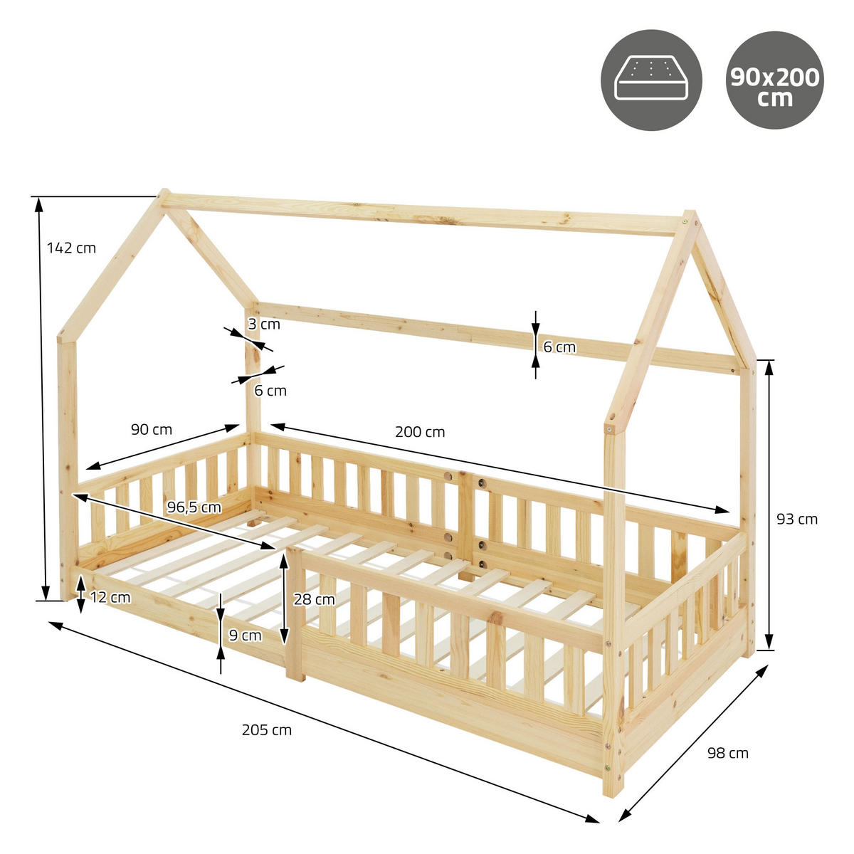 KINDERBETT mit Dach 90x200 cm Natur - Naturfarben, Holz (90/200cm) - ML-DESIGN