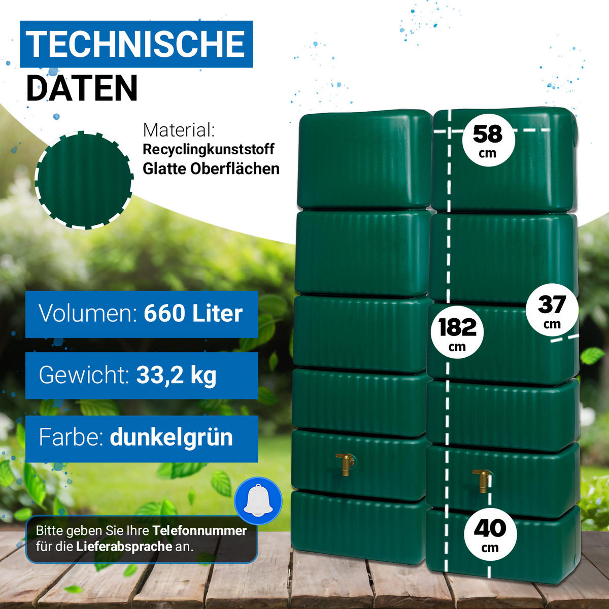 WANDTANK-SET 660 L dunkelgrün 2 x 330 L inkl. Verbindungsset - Grün, Kunststoff (126/182/37cm) - 4rain