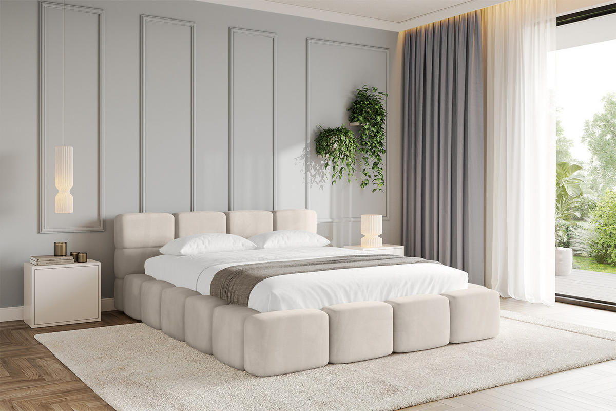 POLSTERBETT mit Bettkasten und Lattenrost, Bett mit Matratze H3/H4, Kopfteil, Boxbett, Doppelbett mit Stauraum - NATA-v1 200x200 Beige - Beige, Holzwerkstoff/Textil (200/200cm) - ALTDECOR
