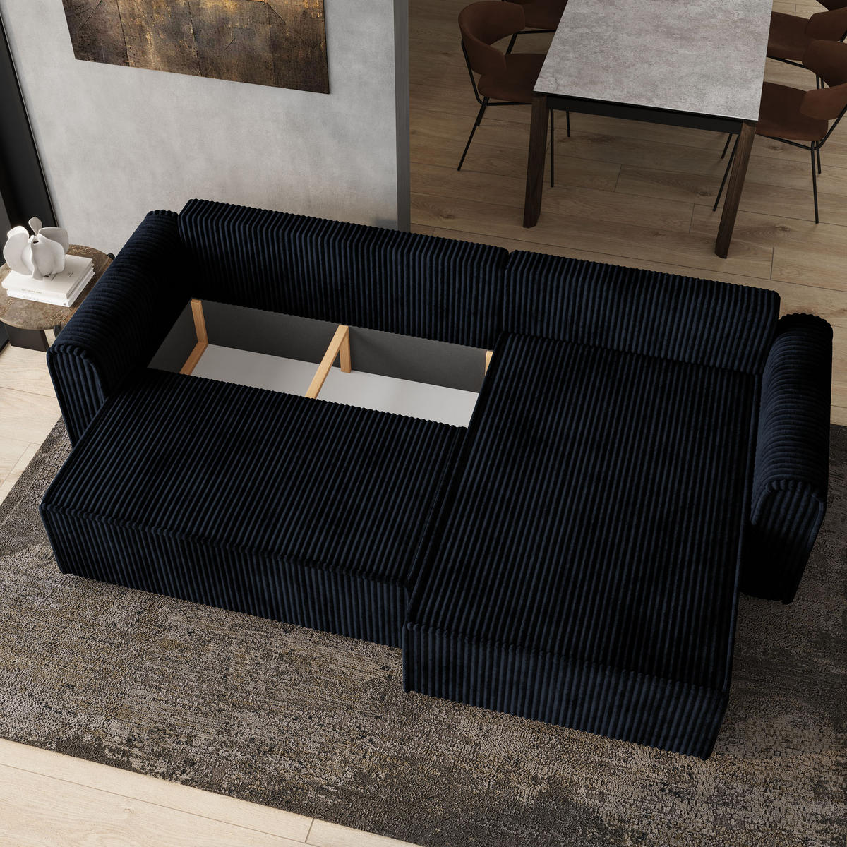 ECKSOFA VALTINO Schwarz Kordstoff mit Schlaffunktion - Schwarz, Holz (275/148cm) - MASSENO