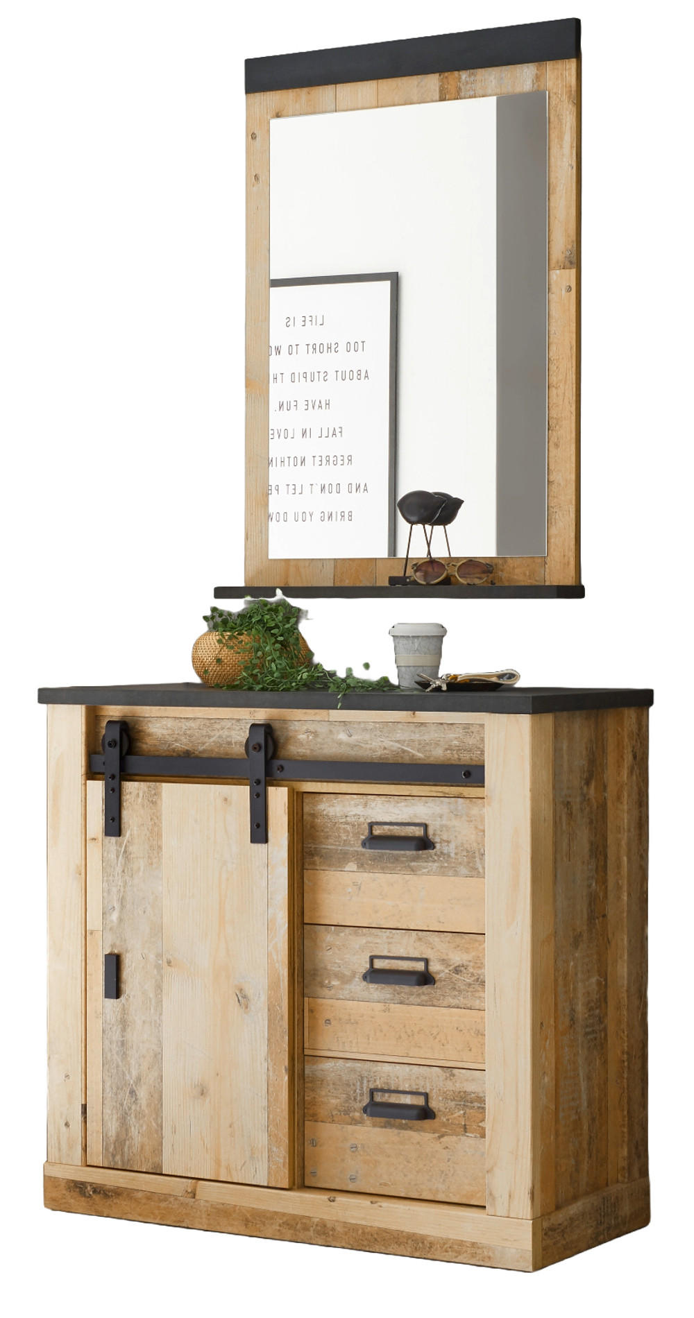 GARDEROBE Flurmöbel Set 2-tlg. Used Wood Vintage, mit Schiebetür und Soft-Close - Anthrazit/Naturfarben, Holzwerkstoff/Metall (93/200/43cm) - Furn.Design