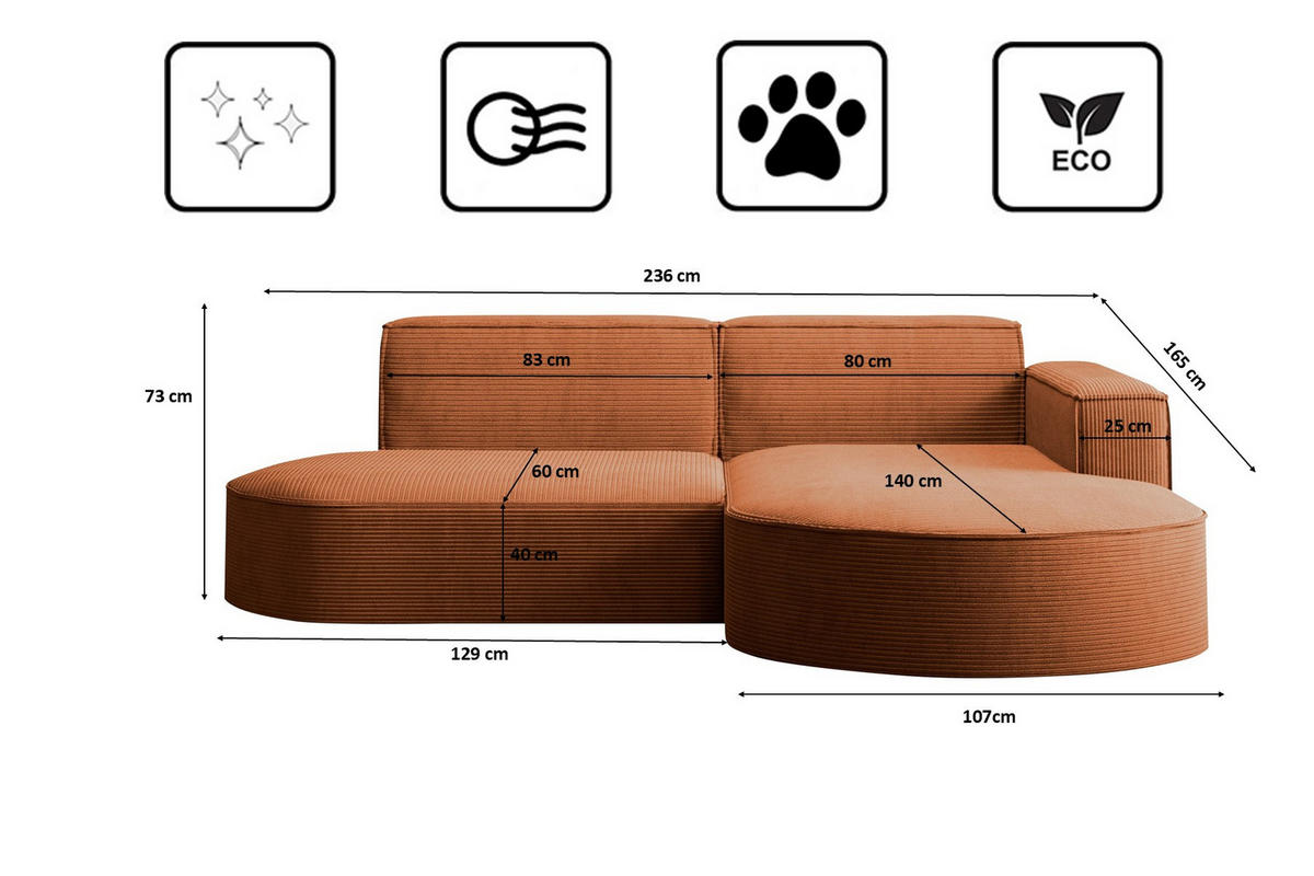 ECKSOFA Modena Studio, Cord Stoff Ziegel Rechts - Orange, Holzwerkstoff/Textil (236/165cm) - Kaiser Möbel