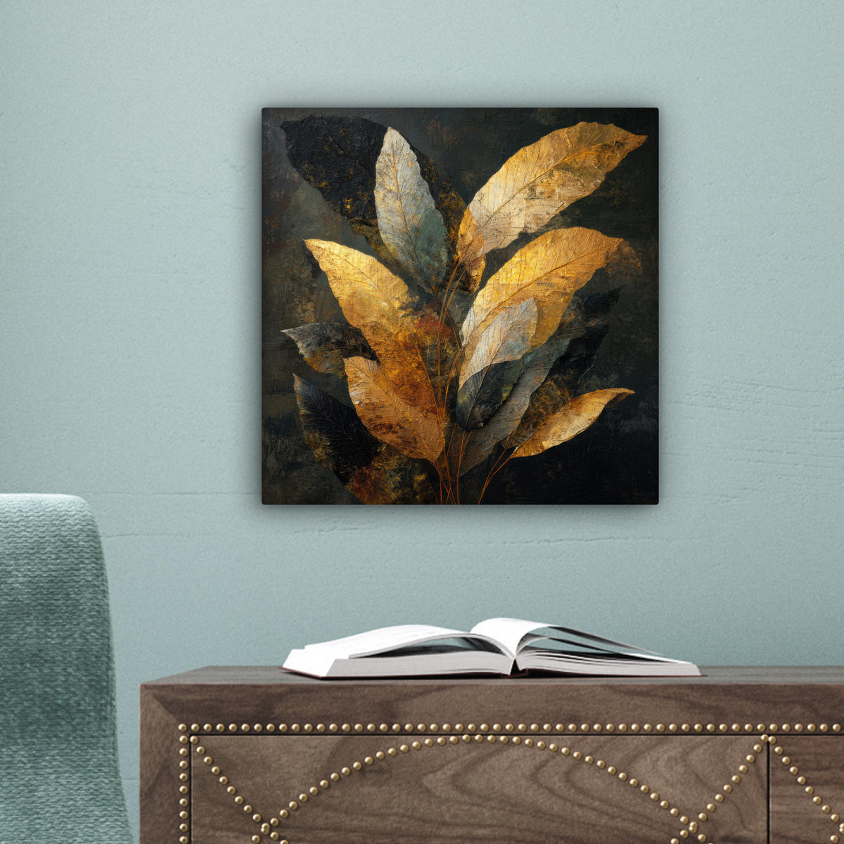 LEINWANDBILD Golden Leaf Komposition - Botanical Luxury Deko Wohnzimmer 20x20 cm - Goldfarben/Schwarz, Textil (20/20cm) - MuchoWow