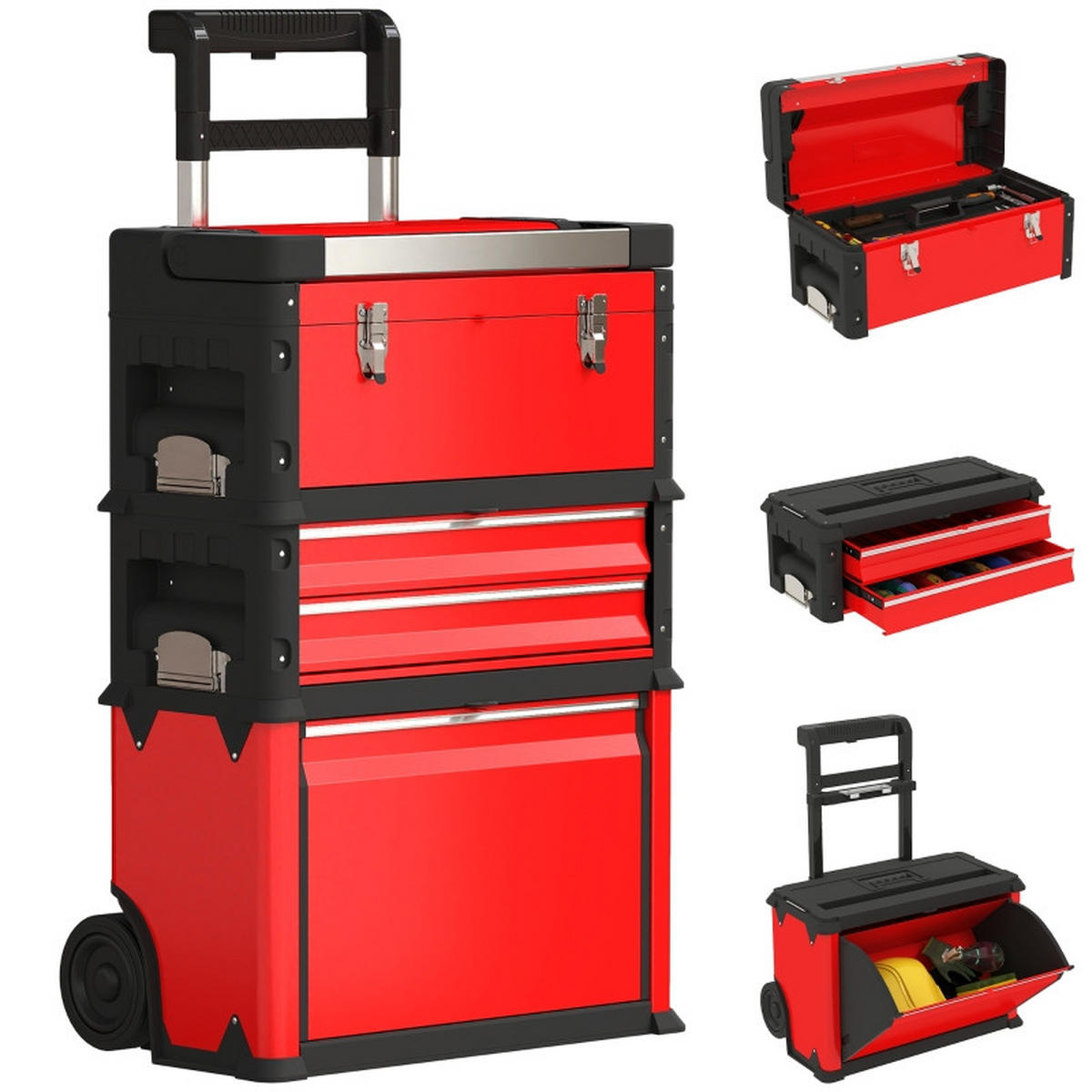 WERKZEUGWAGEN mit 3 modularen Einheiten, stapelbar, Teleskopgriff, Rot - Rot, Kunststoff (32/72/52cm) - Novahome