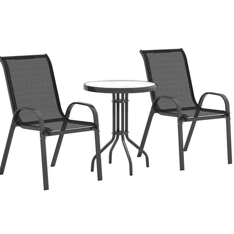 BALKONMÖBEL-SET 3-teilig 54/71/93 cm mit stapelbaren Stühlen und Glastisch, Schwarz - Schwarz, Metall - Redom