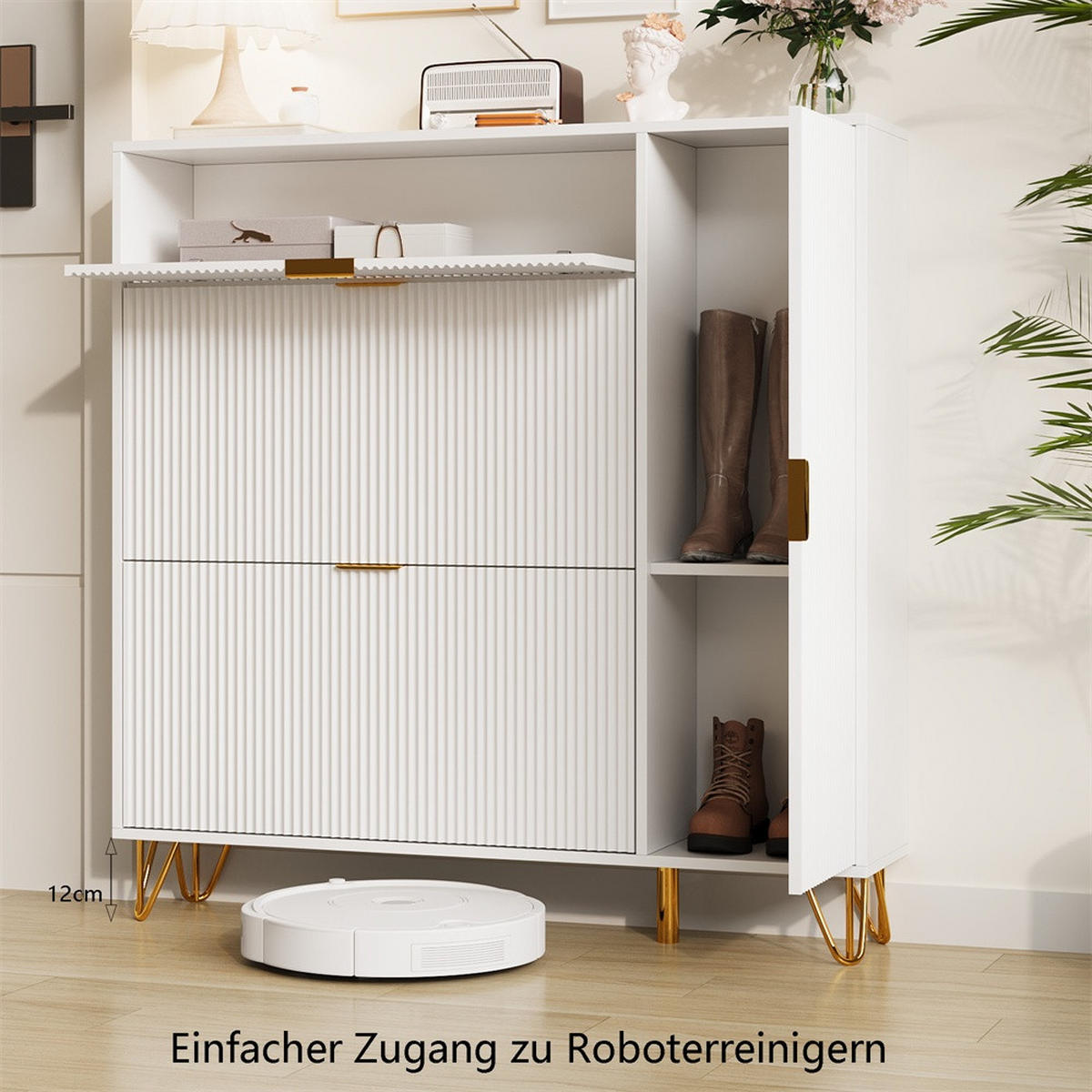 SCHUHSCHRANK im modernen Luxusdesign - Schuhkipper mit 2 Kippfächern und 1 Tür - Weiß und Gold - Weiß, Holzwerkstoff (24/118.5/110cm) - DELFA