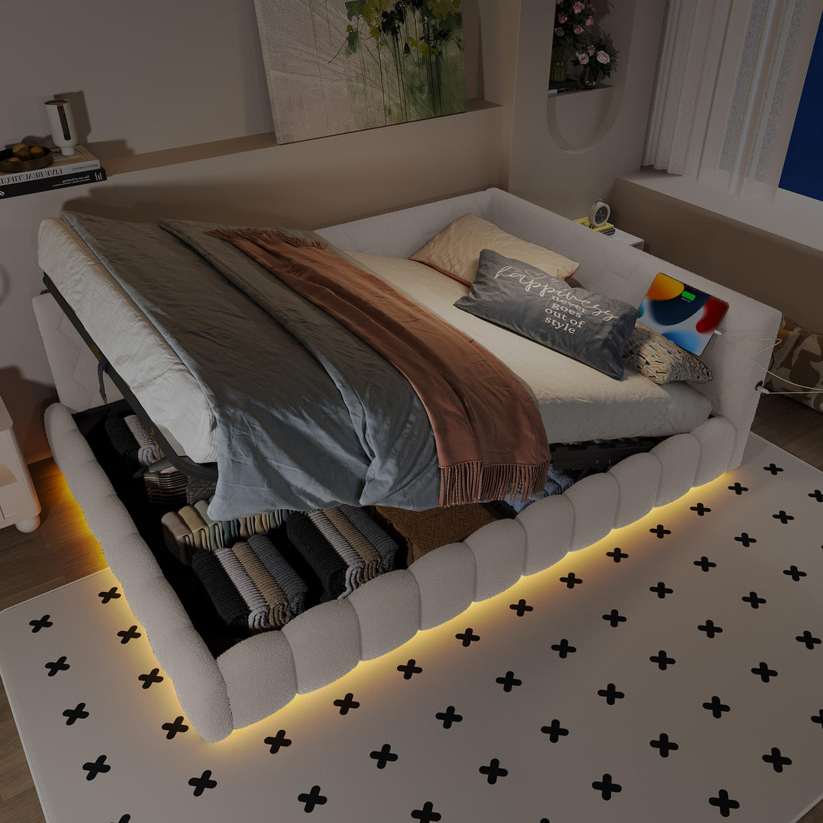 TAGEBETT 140x200cm Weiß Vliesimitat LED-Licht Hydraulik USB-C - Weiß, Holz (140/200cm) - FLIEKS