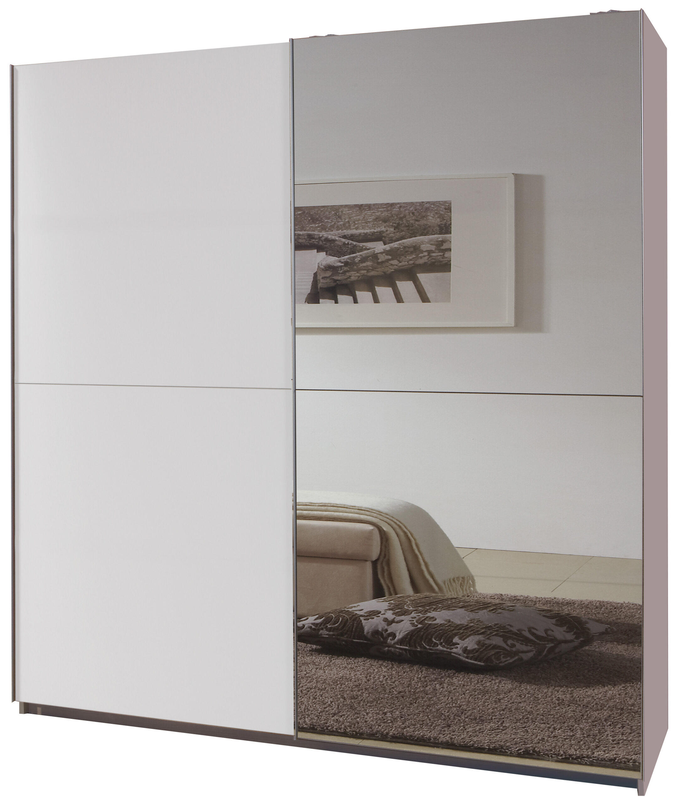 SCHWEBETÜRENSCHRANK Queen in Weiß 179 x 198 x 65 cm (BxHxT) – Kleiderschrank mit einer Spiegeltür - Silberfarben/Weiß, Holzwerkstoff (180/198/65cm)