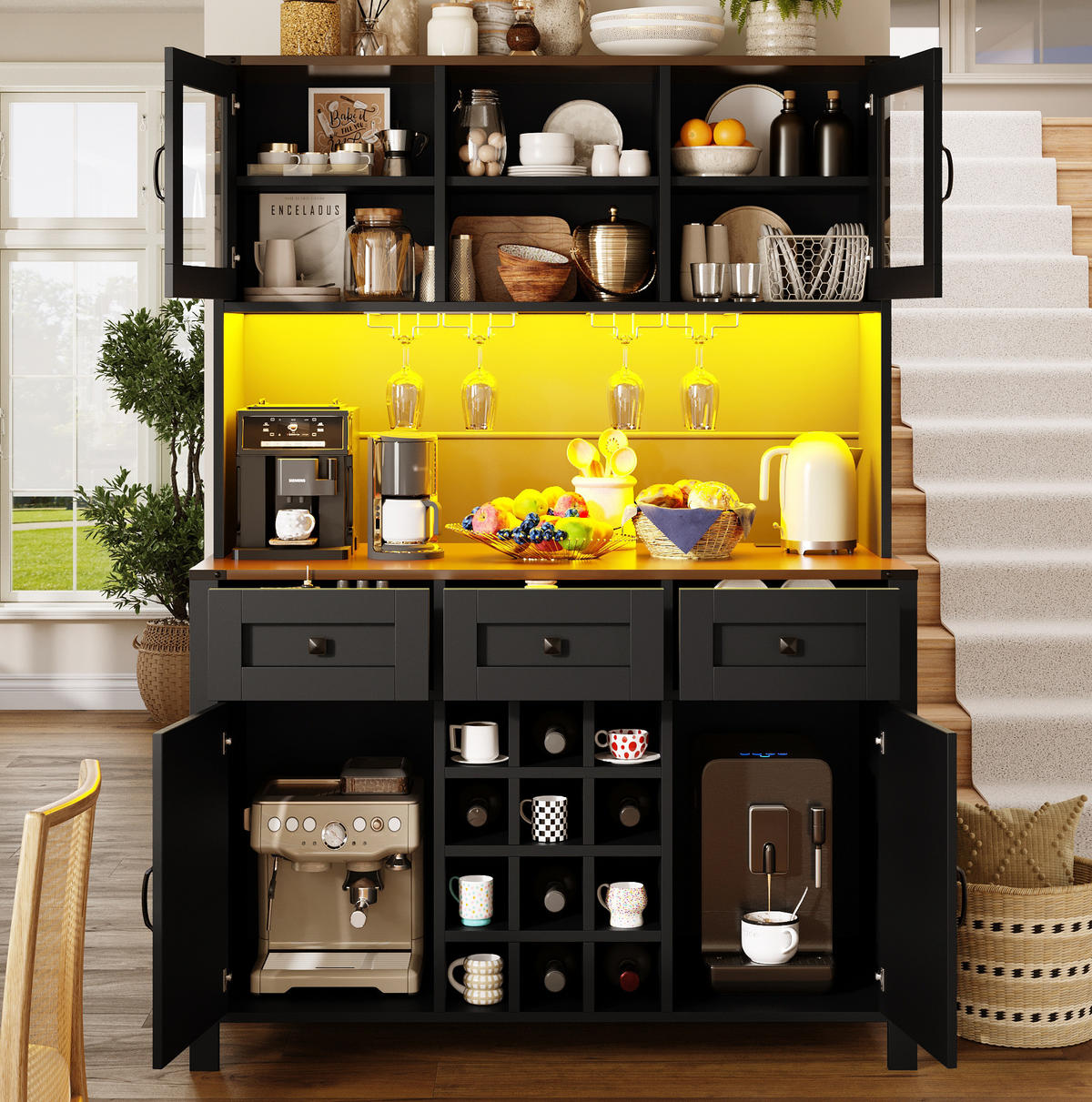 BUFFET 120/40/170 cm aus MDF und Glas mit LED-Beleuchtung und Steckdosenleiste Schwarz - Schwarz, Holzwerkstoff (120/170/40cm) - Modenvie