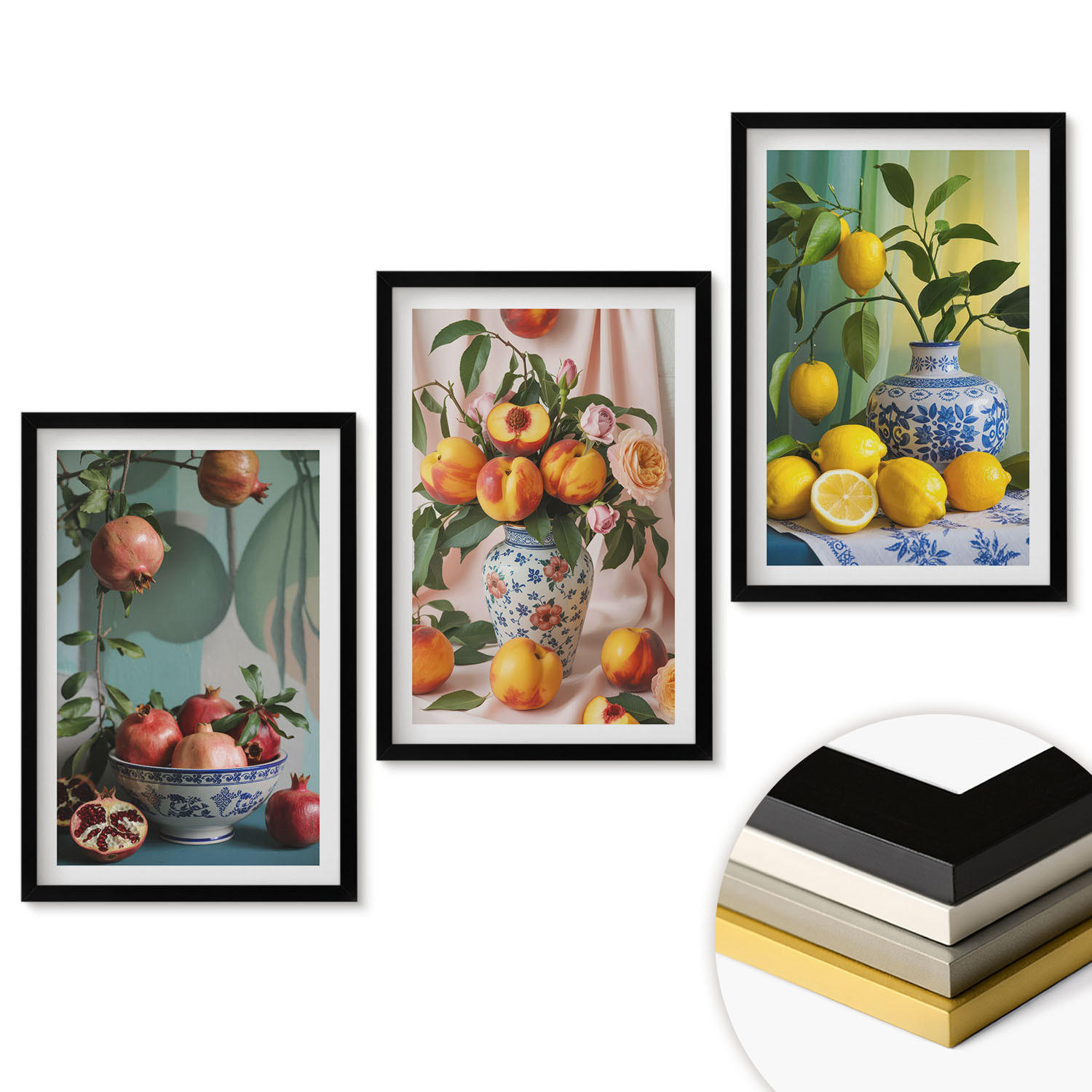 WANDBILDER 3er-Set - 40x60 cm Schwarzer Rahmen - Granatäpfel, Pfirsiche, Zitronen - Schwarz, Kunststoff (40/60cm) - ArtPrintCave