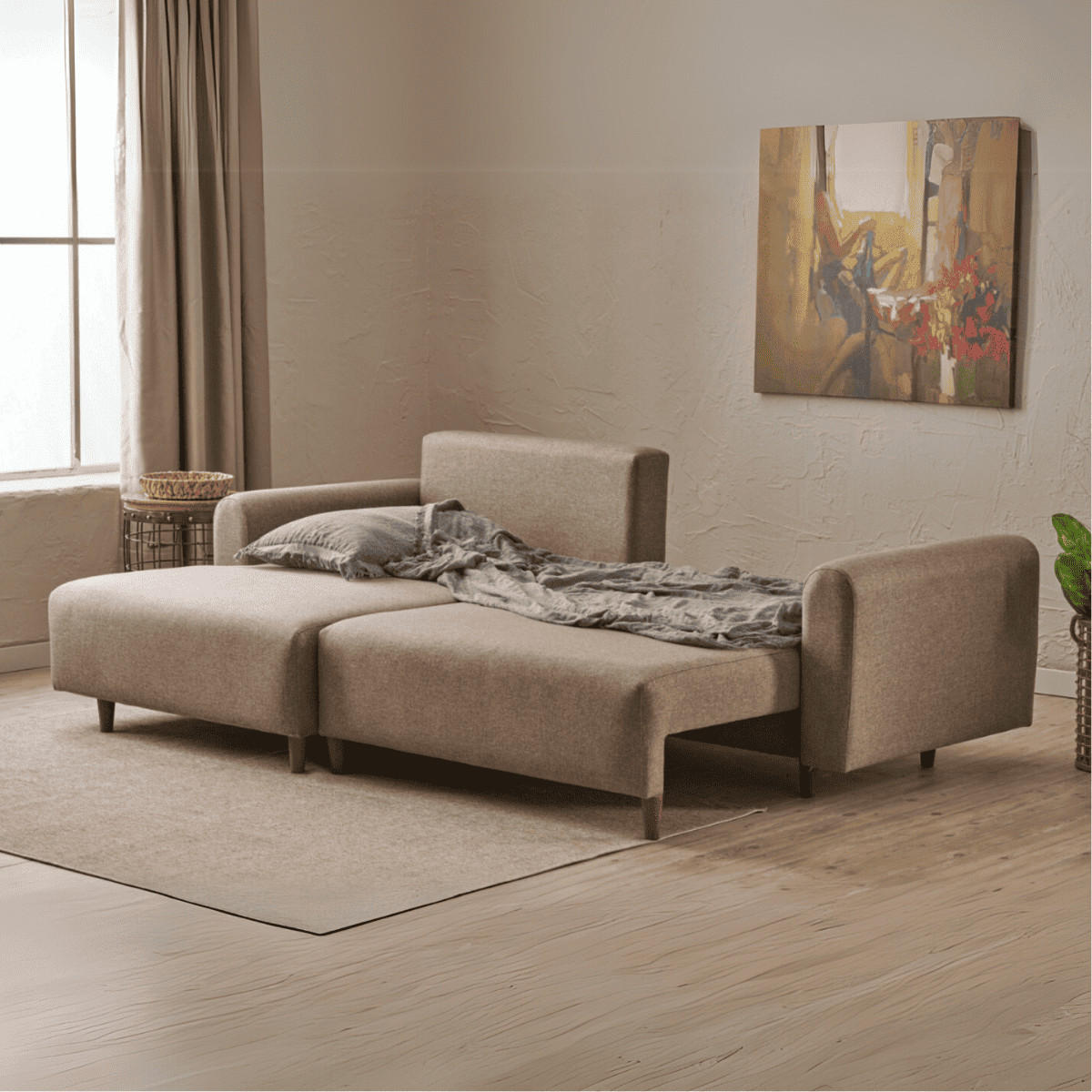 ECKSOFA mit Schlaffunktion und linksseitiger Récamiere - mane 246/160/85 cm - Taupe, Holz (160/246cm) - Calicosy