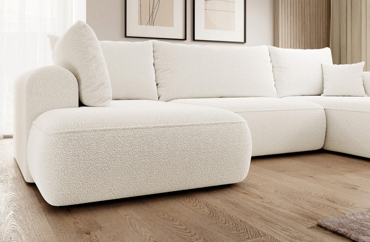 WOHNLANDSCHAFT Ovo Creme Boucle - Creme/Schwarz, Textil (375/95/185cm) - Selsey