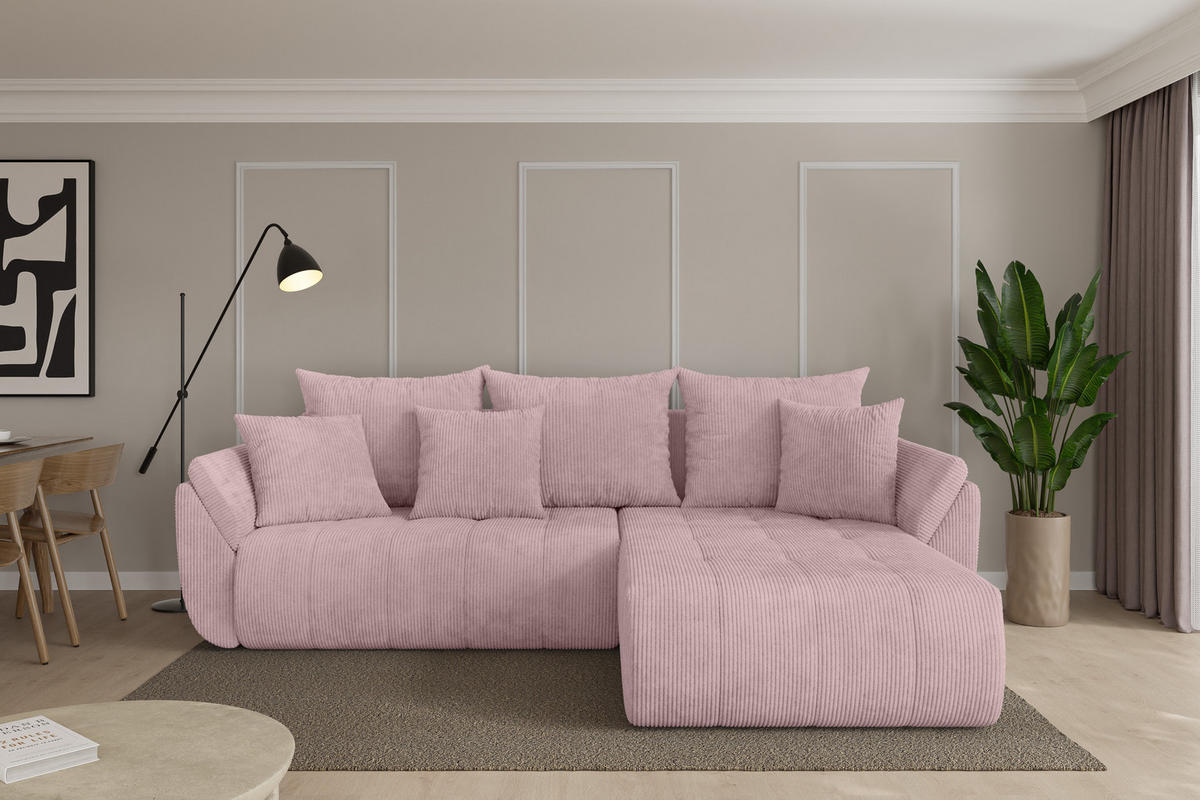 ROHOVÁ SEDAČKA s funkcí spaní, otoman vpravo TOKO-L 277x194x86 růžová manšestr - růžová/černá, kompozitní dřevo/textil (277/194cm) - ALTDECOR