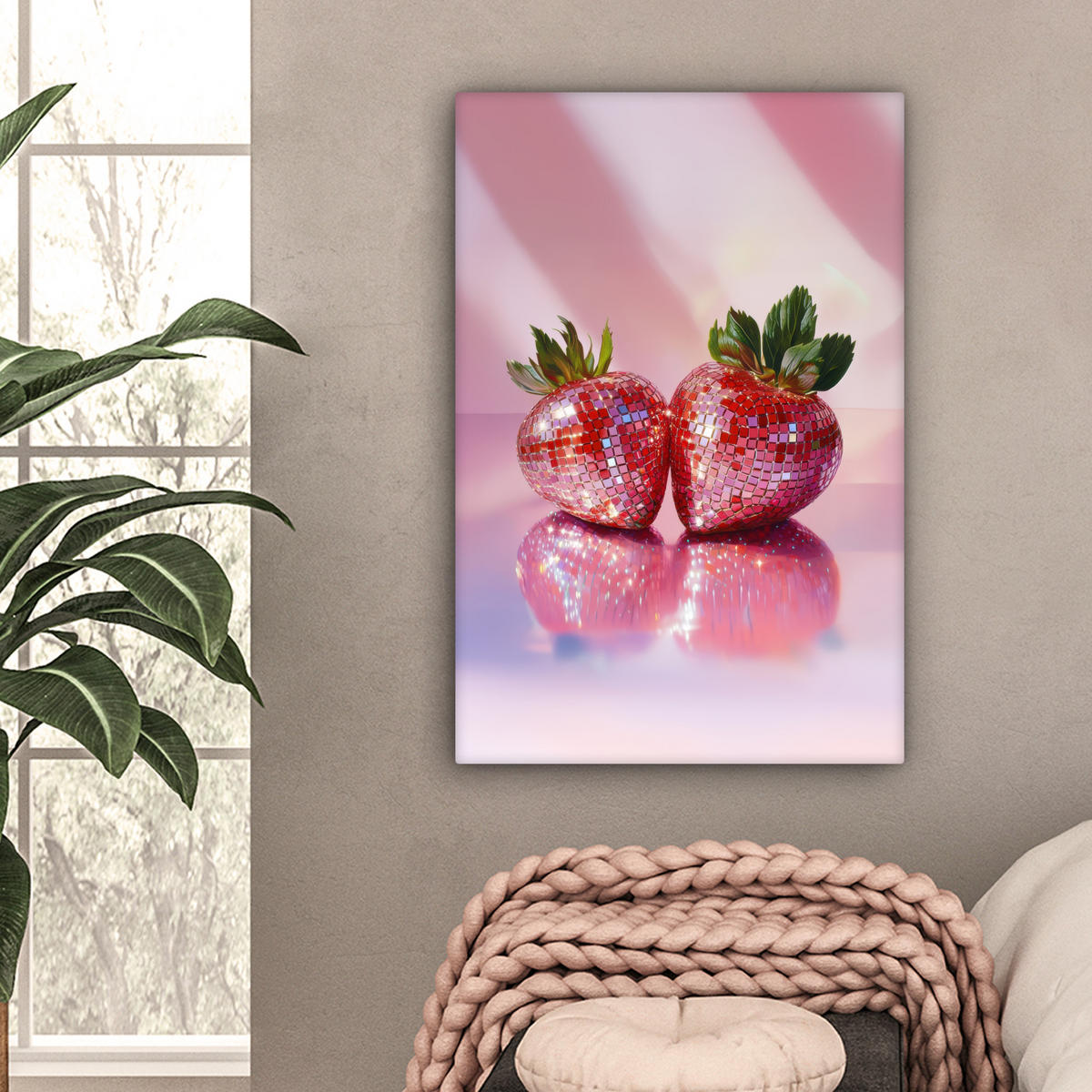 LEINWANDBILD Disco - Obst - Glitzer - Erdbeere Wanddeko Schlafzimmer 60x90 cm - Pink, Textil (60/90cm) - MuchoWow
