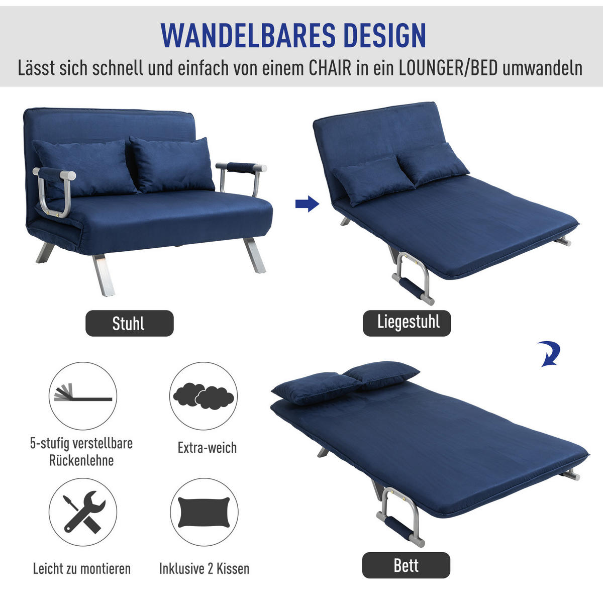 2-SITZER Sofa mit Schlaffunktion, Schlafsofa mit Verstellbarer Rückenlehne, Blau - Blau, Kunststoff/Metall (80/78/111cm) - HOMCOM
