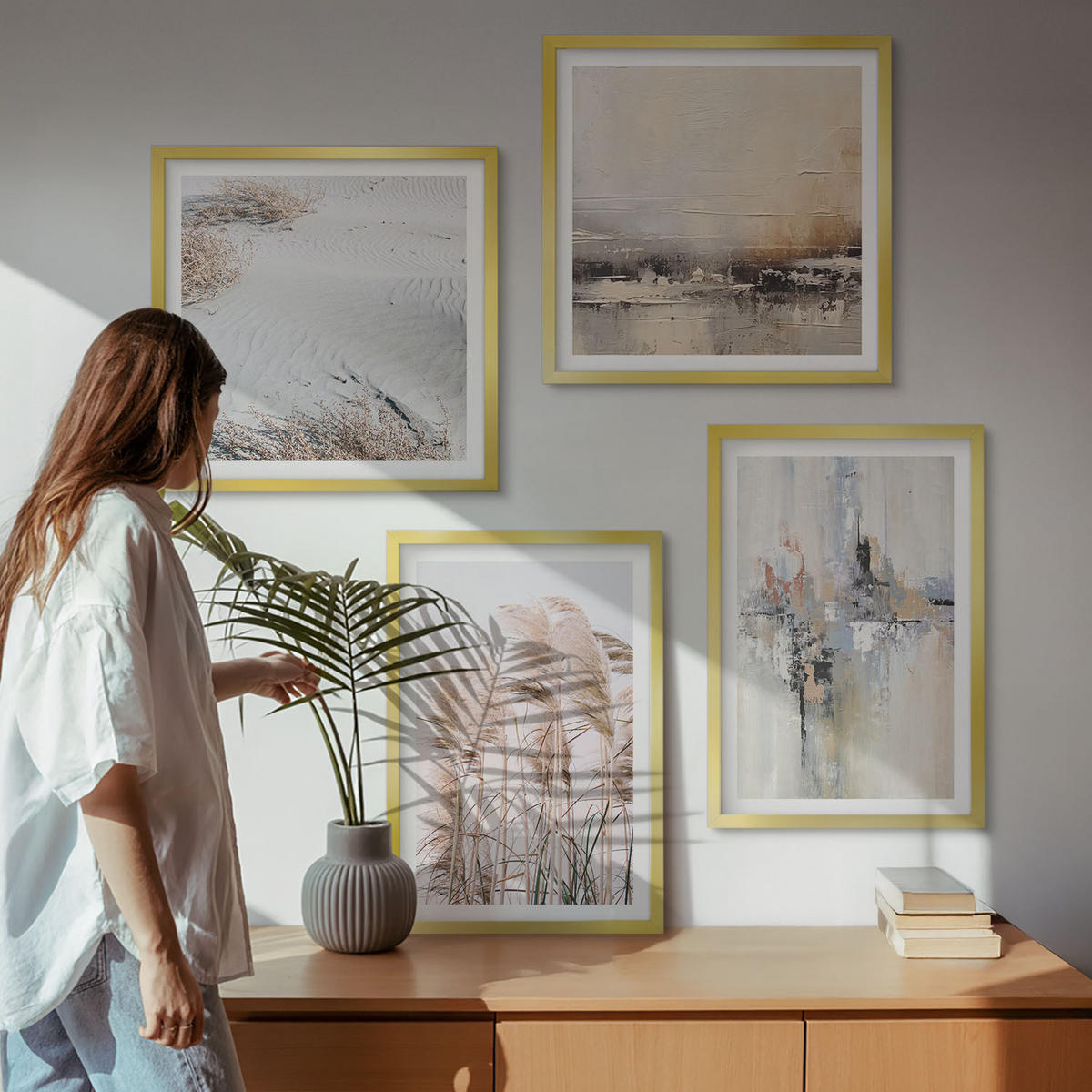 BILDER SET 4er Set - 50x50 cm & 40x60 cm Goldrahmen - Abstrakte Vegetationsmuster - Goldfarben, Kunststoff (50/50cm) - TULUP