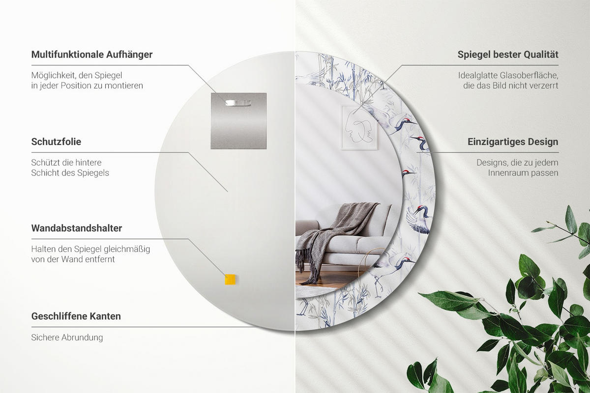 SPIEGEL Rund Ø 60 cm mit Aufdruck - Blau/Weiß, Glas (60/60/0.4cm) - Wallfluent