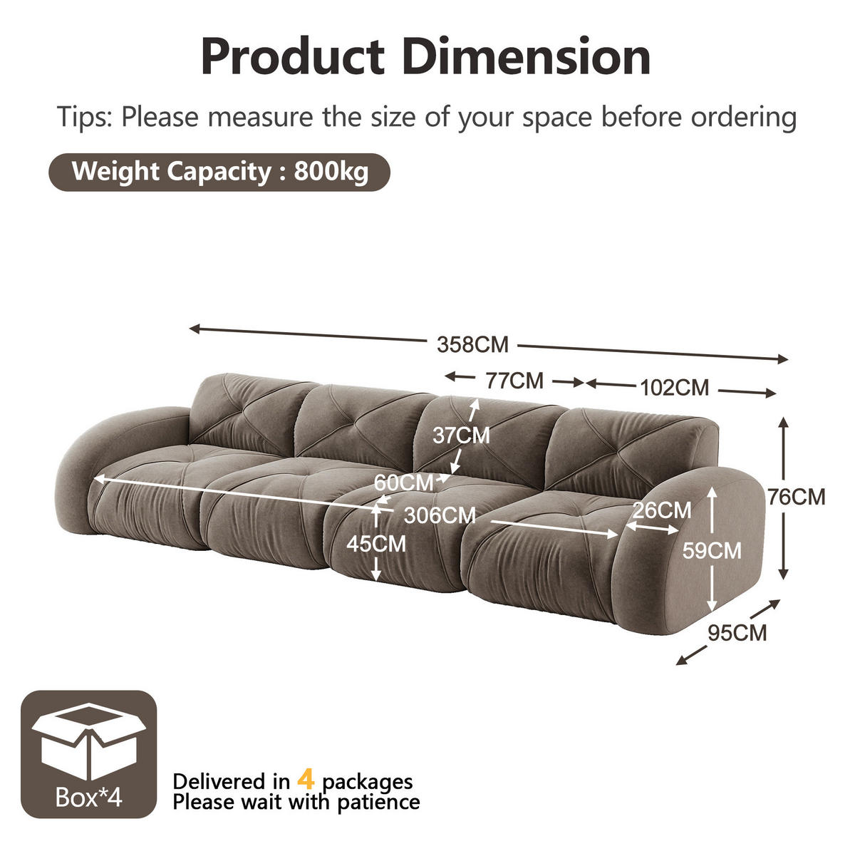 SOFA modulares rahmenloses Chenille-Sofa Brown 3 Pakete - Grau, Kunststoff (95/76/358cm) - Meubliv