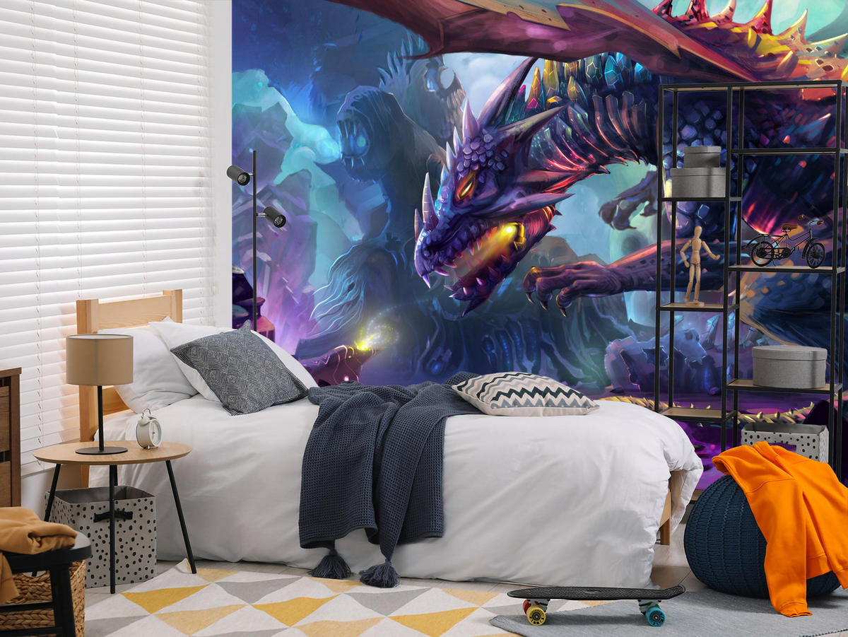 FOTOTAPETE für Jugendzimmer Fantastischer Drache Magische Welt Fantasy 450x315 - Türkis/Violett, Papier (450/315cm) - Muralo