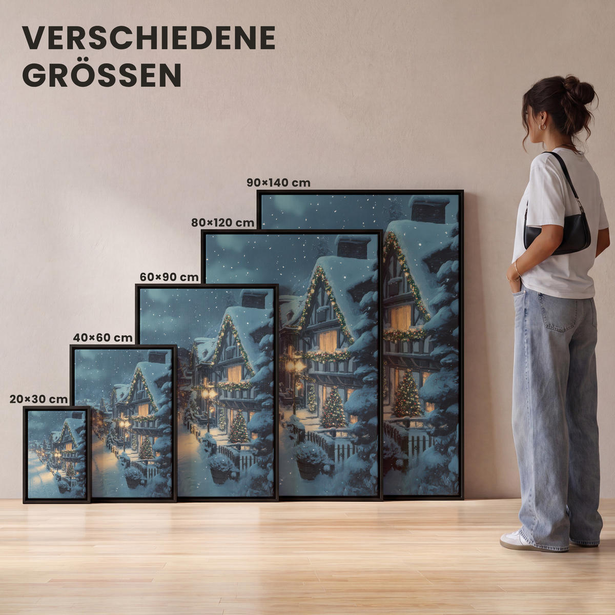 LEINWAND Bilder mit Rahmen - Weihnachtsdorf - Weihnachten - Schnee - Winter - 100x150 - Dunkelblau, Textil (100/150cm) - MuchoWow
