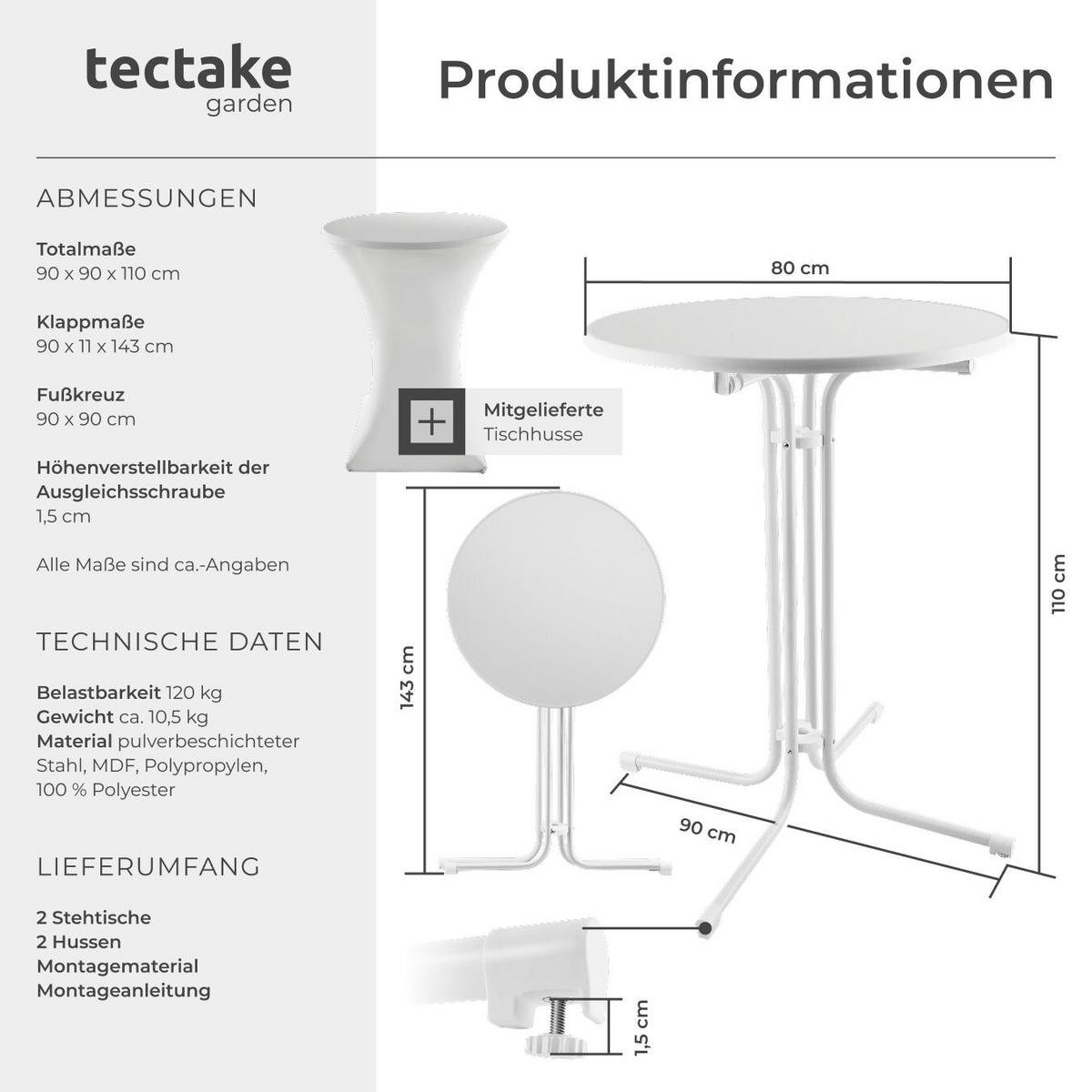 STEHTISCH Eren,bodenschonende Kunststofffüße & Ausgleichsschraube,weiß - Weiß, Textil (80/80/110cm) - tectake
