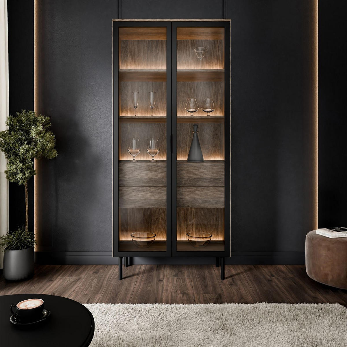 VITRINE LINEA LOFT mit LED-Beleuchtung Eiche + Schwarz - Eichefarben/Schwarz, Holzwerkstoff (82/195/39cm) - Lookway