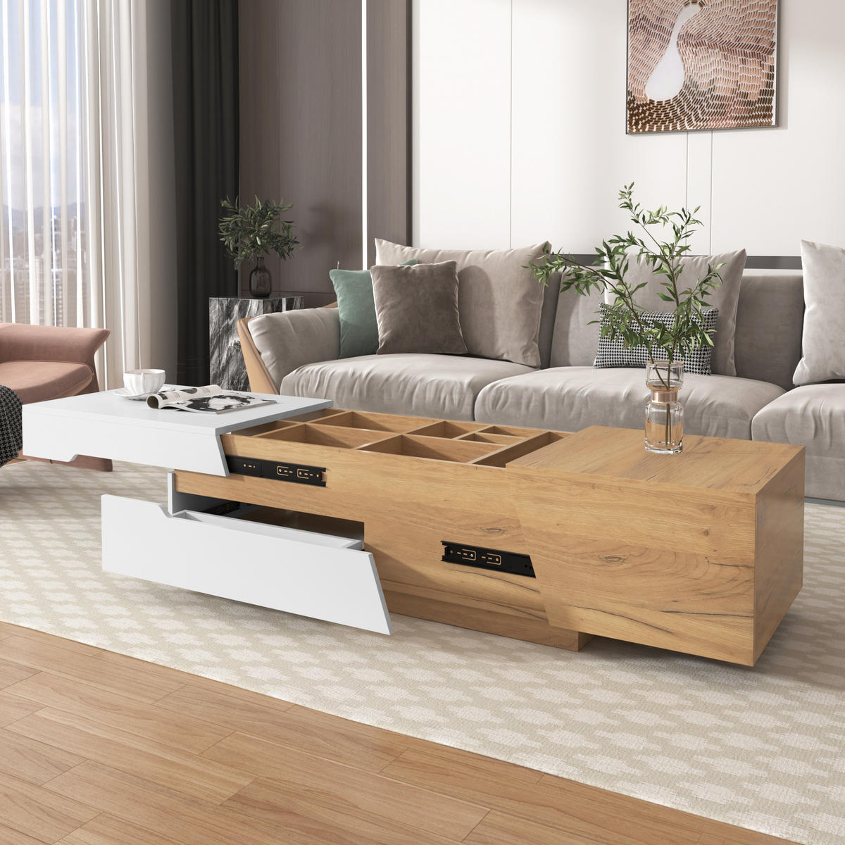COUCHTISCH 120/50/37,5 cm mit Schiebefunktion und Schubladen in Weiß/Natur - Naturfarben, Holzwerkstoff (120/50/37.5cm) - Flora Grace
