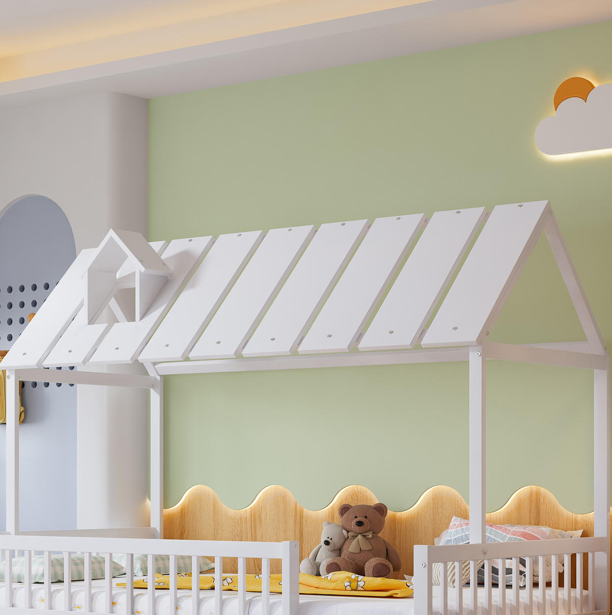 HAUSBETT 120/200 cm in Weiß – mit Dach, Kaminleiste und Rollbett - Weiß, Holzwerkstoff (120/200cm) - BEAOK