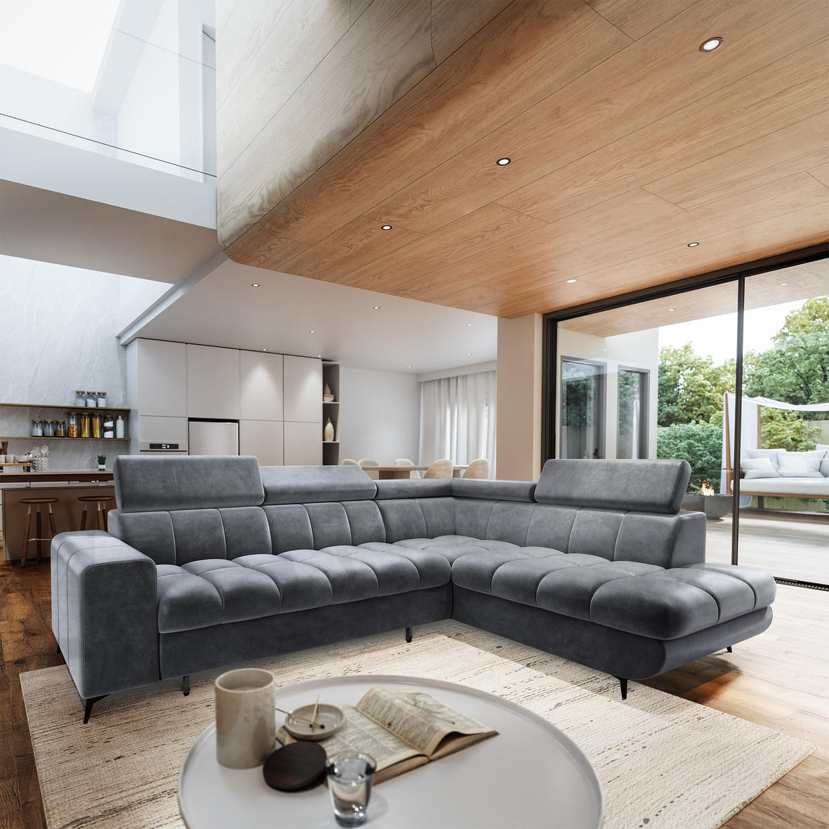 ECKSOFA MORIVA R-S Grau Velours-Stoff mit Schlaffunktion - Grau, Holz (253/190cm) - MASSENO