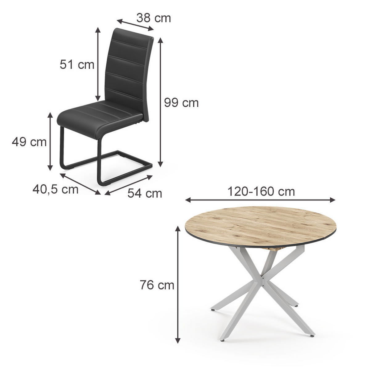 SÚPRAVA JEDÁLENSKÉHO STOLA Loyd, Rustikálny dub/Šedá, 120 x 120 cm so 4 jedálenskými stoličkami, čierne - divoký dub/sivá, kompozitné drevo (120/76.5/120cm) - Vicco