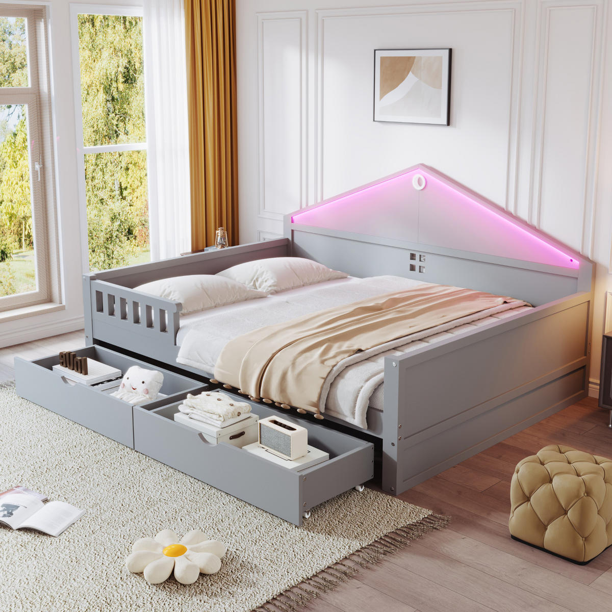 BETT 140/200 cm in Grau aus Massivholz und MDF mit Schubladen und LED - Grau, Holz/Holzwerkstoff (140/200cm) - WISHDOR