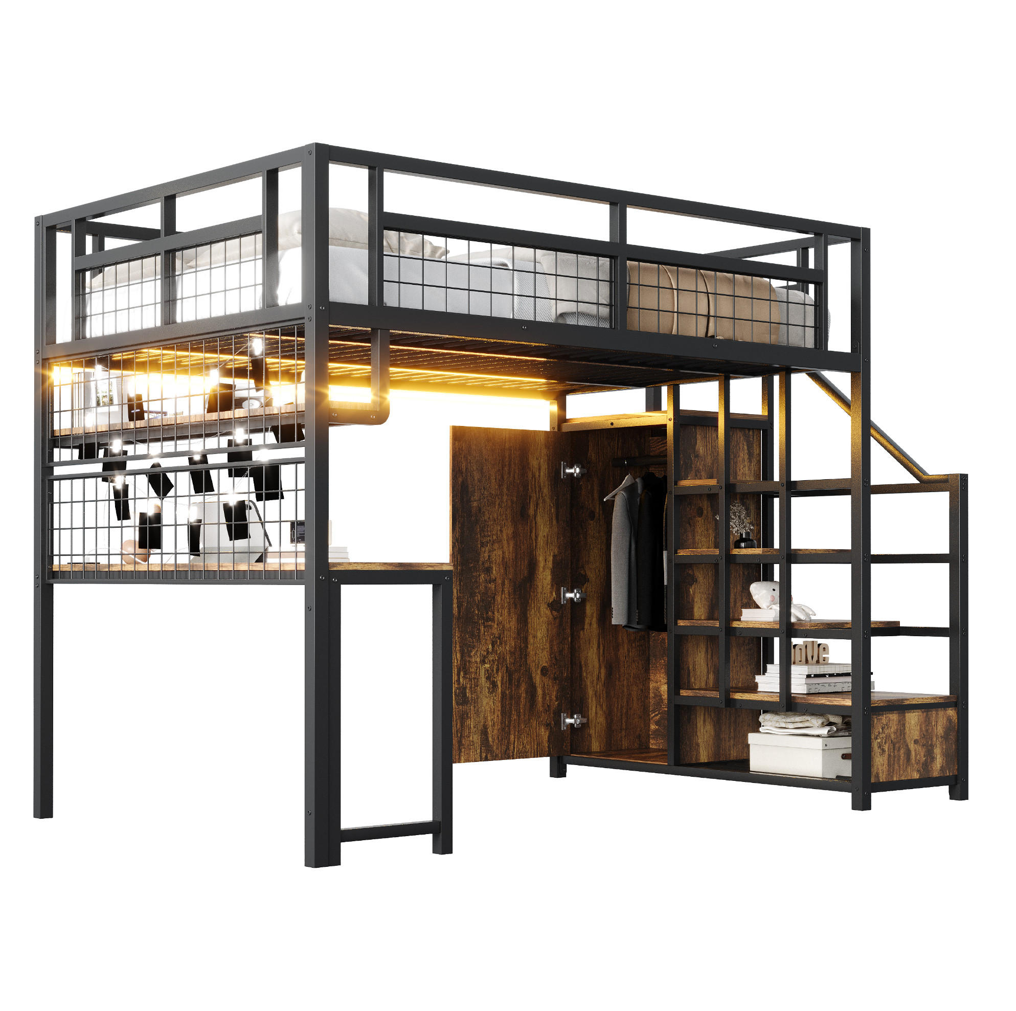 HOCHBETT 140/200 cm aus Metall und MDF mit Schreibtisch, Stauraumtreppe und Kleiderschrank Schwarz - Schwarz, Metall (140/200cm) - Modenvie
