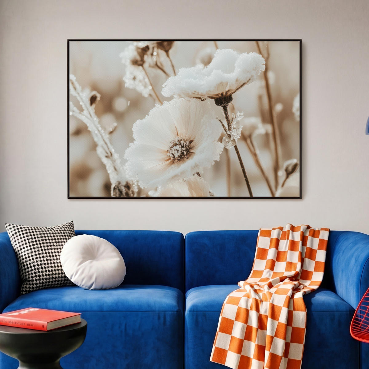 LEINWAND Bilder mit Rahmen - Blumen - Winter - Weiß - Schnee - Beige - 90x60 - Creme, Textil (90/60cm) - MuchoWow