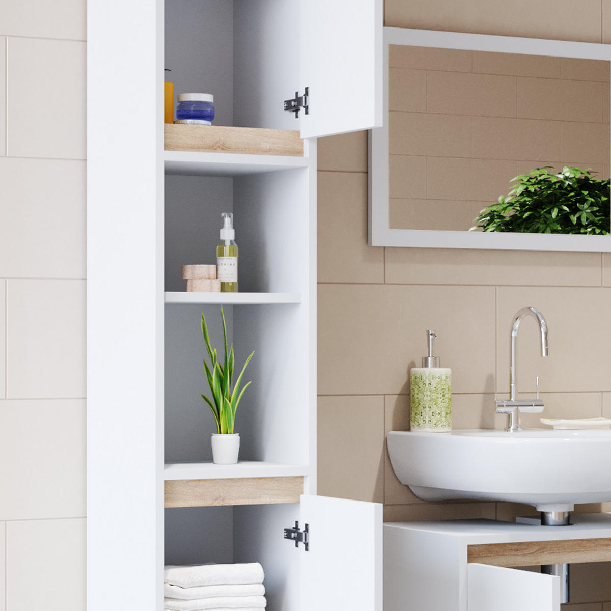 BADSCHRANK Emma Weiß/Sonoma 30 x 190 cm - Weiß/Sonoma Eiche, Holzwerkstoff (30/190/30cm) - Vicco