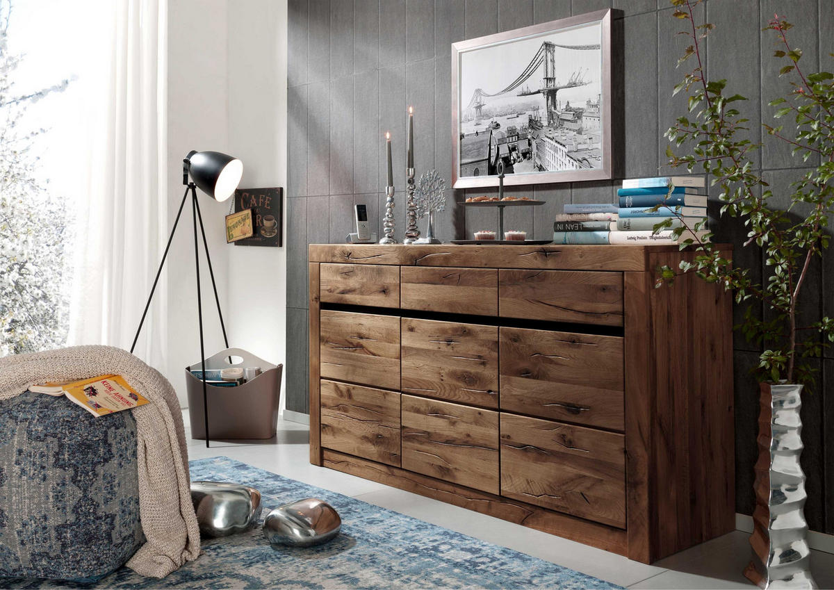 SIDEBOARD Wildeiche / Zerreiche 150x43x80 braun geölt MONTREUX #351 - Braun, Holz (150/80/43cm) - Massivmoebel24