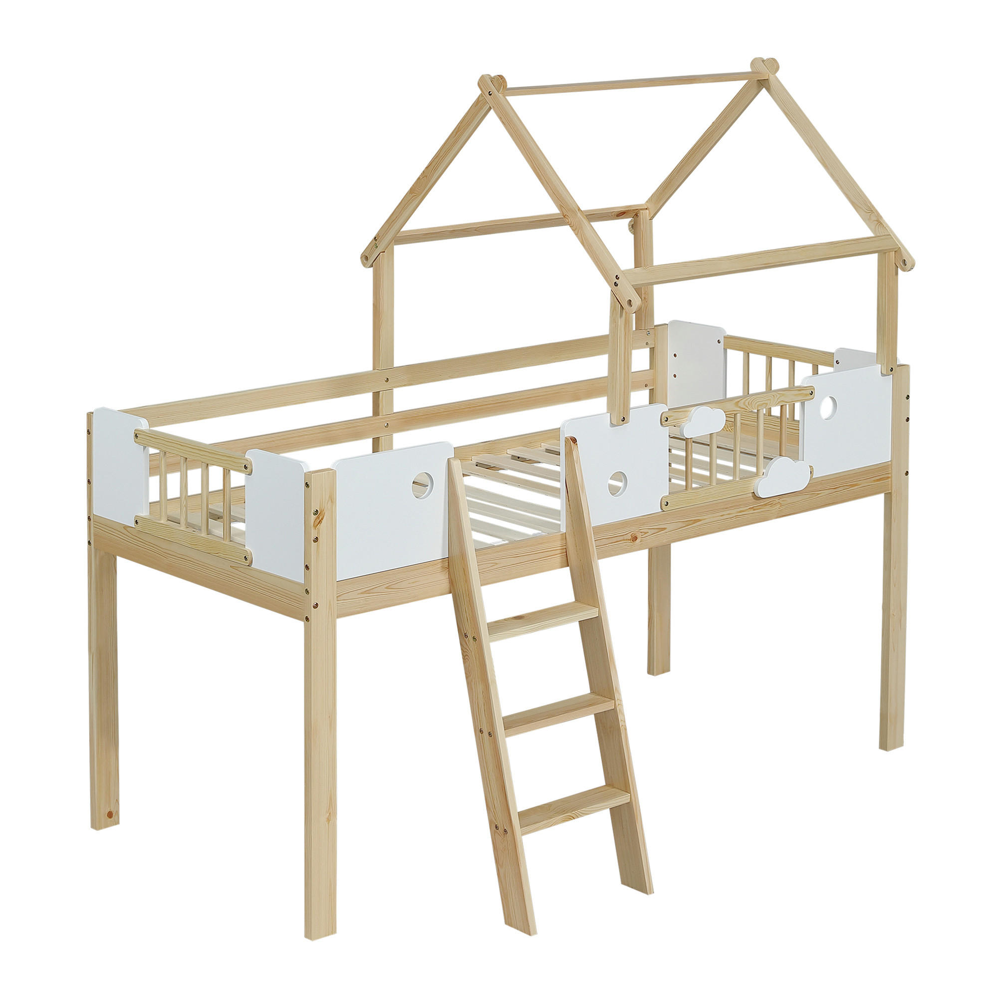 HOCHBETT Kinderbett Weiß+Natur - Naturfarben, Holz (90/200cm) - ComfortXL