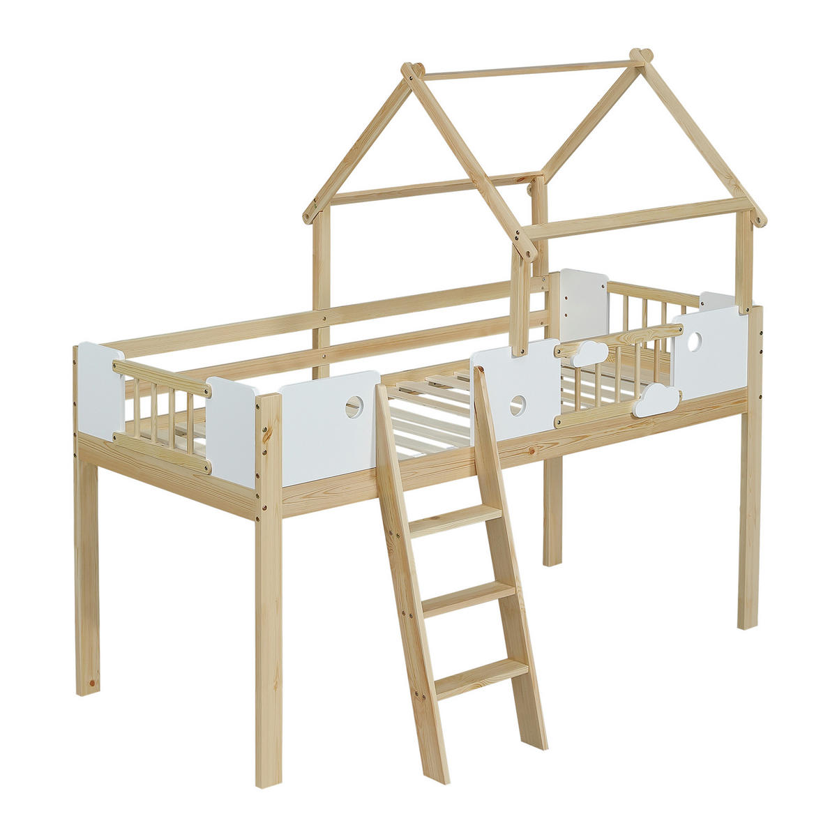 HOCHBETT Kinderbett Weiß+Natur - Naturfarben, Holz (90/200cm) - ComfortXL